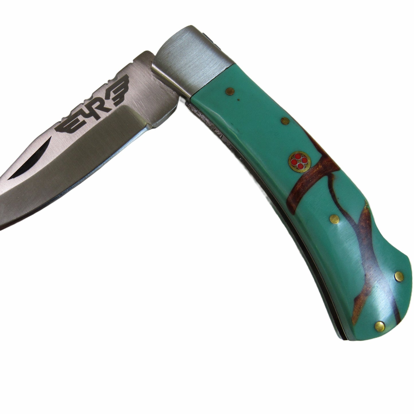 Turquoise colored resin handle knife with stainless steel blade by Ruddock Bros El Paso Texas