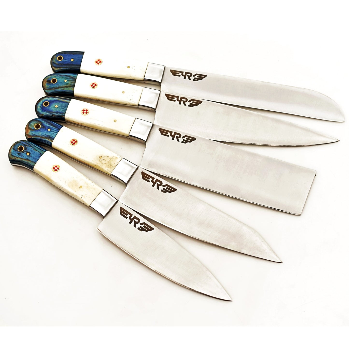 Stainless steel 5 piece knife set with handles made with bone and jade hardwood by Ruddock Bros El Paso Texas Ruddock Shirts with leather carry pouch