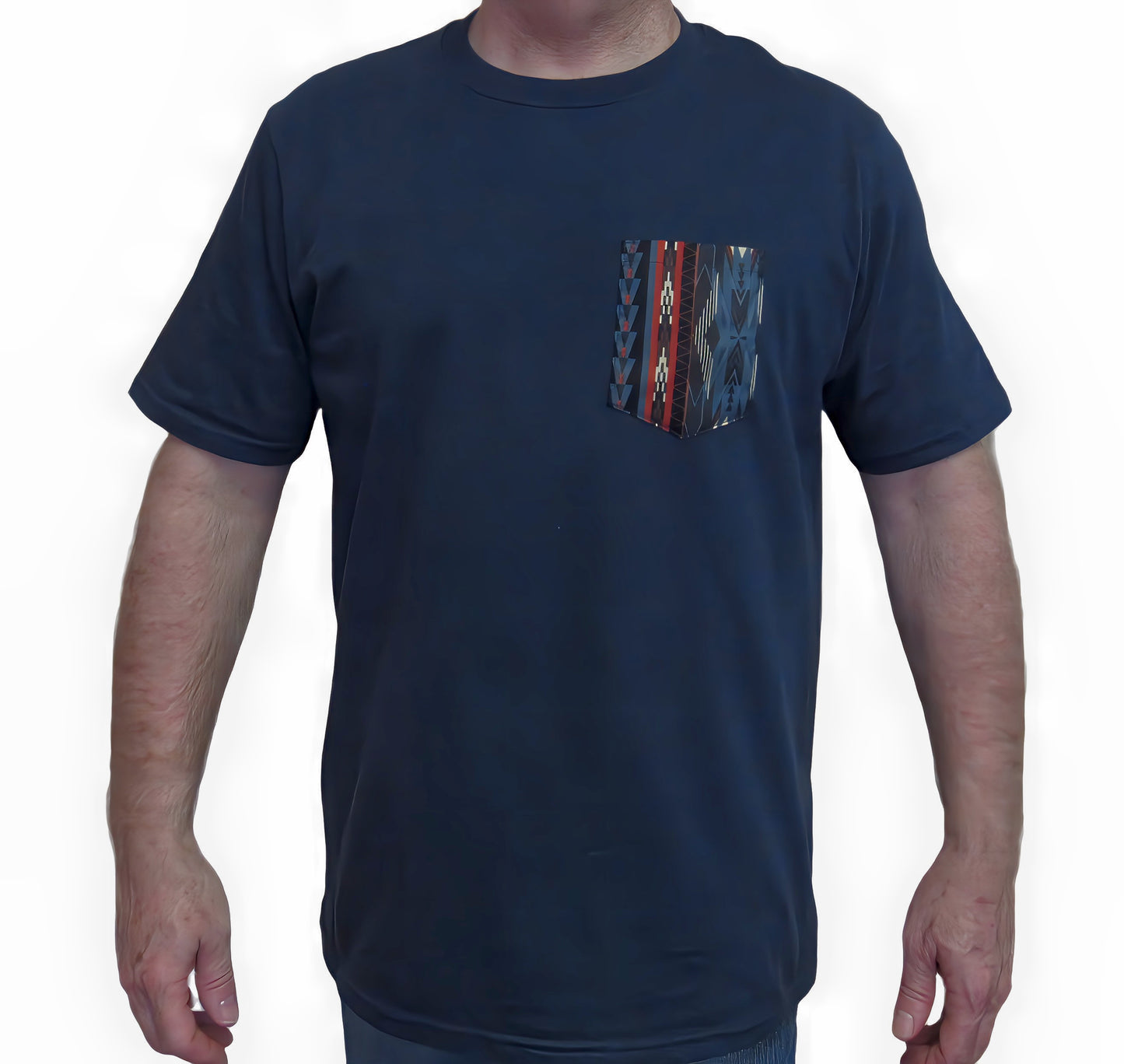 Navy made in USA t shirt with southwest print on pocket Flying R Ranchwear Ruddock Shirts