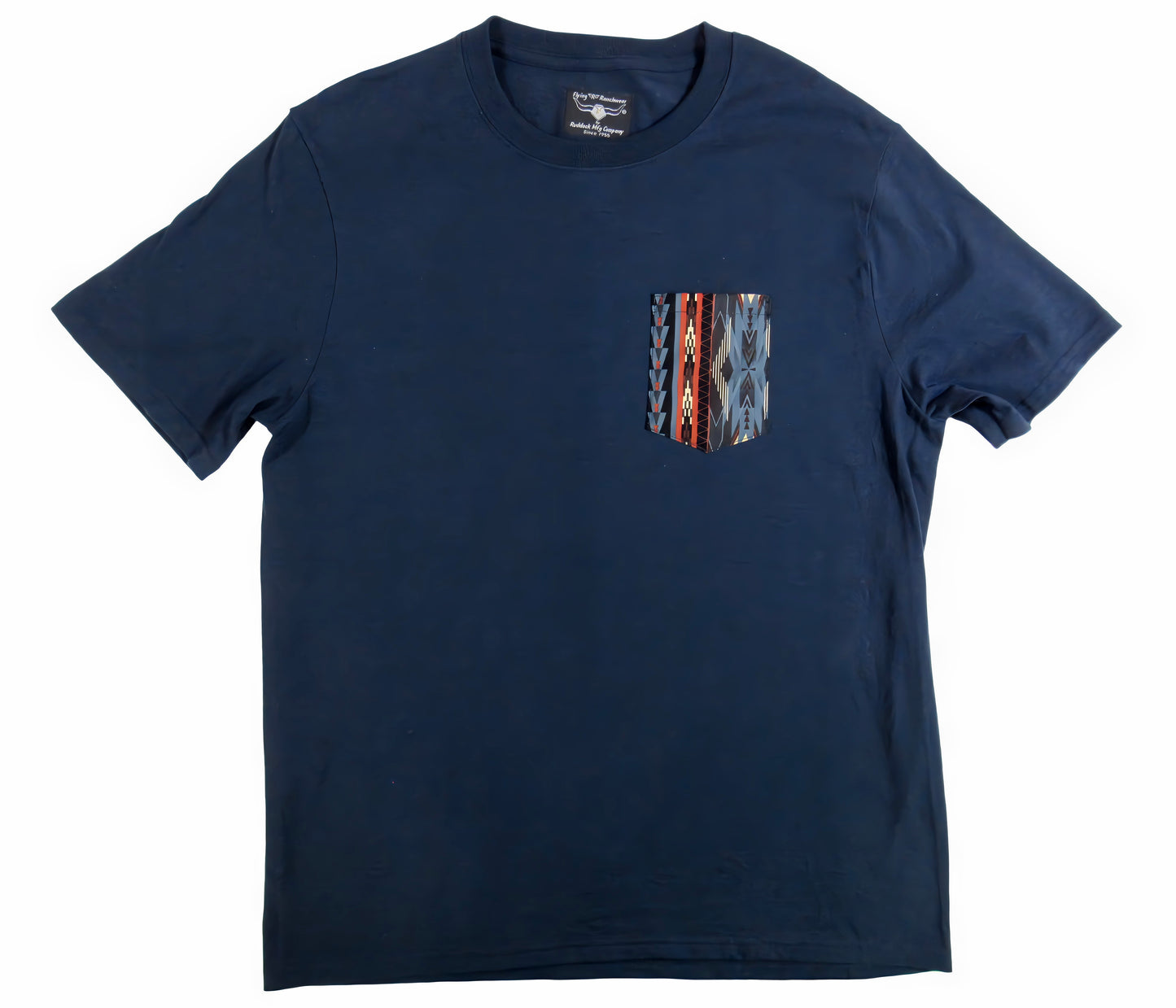 Navy made in USA t shirt with southwest print on pocket Flying R Ranchwear Ruddock Shirts
