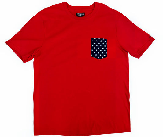 Red T shirt with contrast pocket by Flying R Ranchwear Made in USA Ruddock Shirts El Paso TX