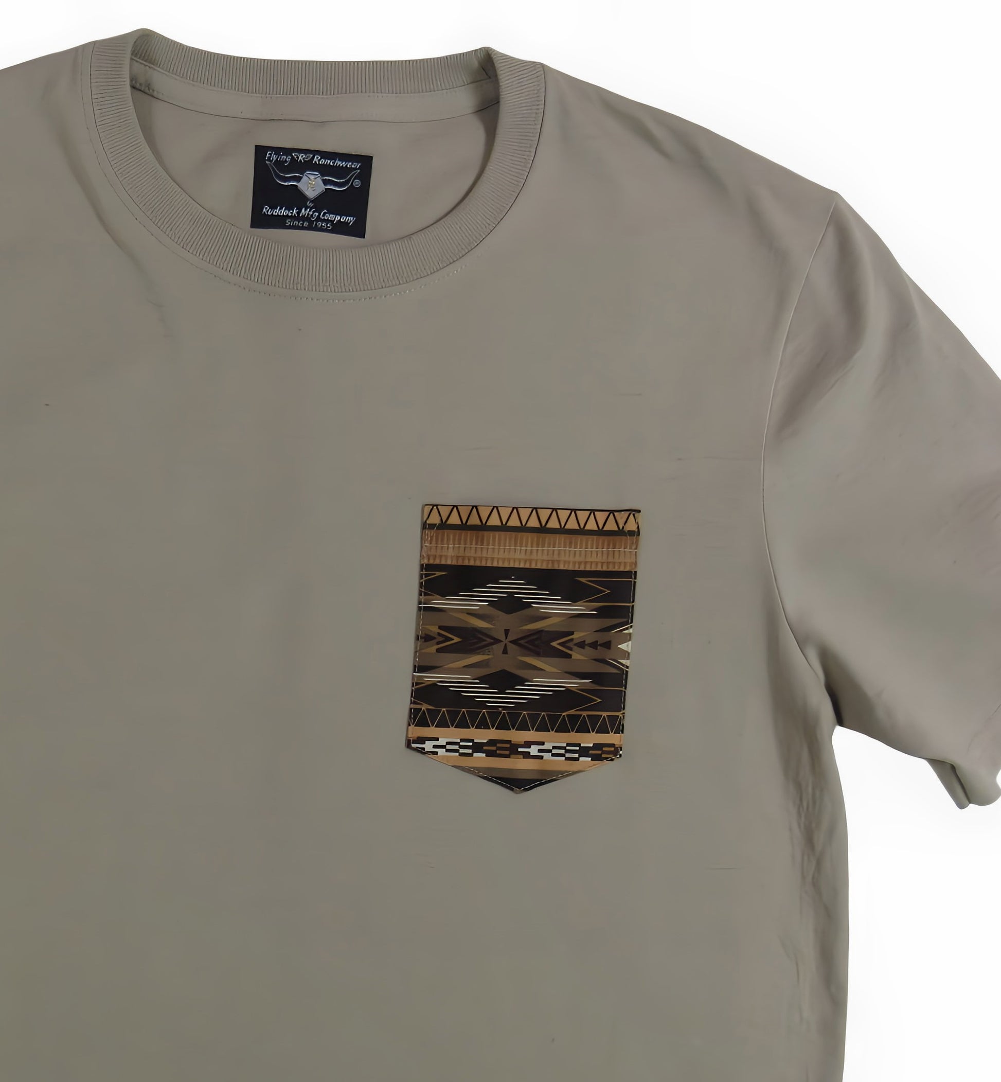 Khaki made in USA t shirt with southwest print on pocket Flying R Ranchwear Ruddock Shirts