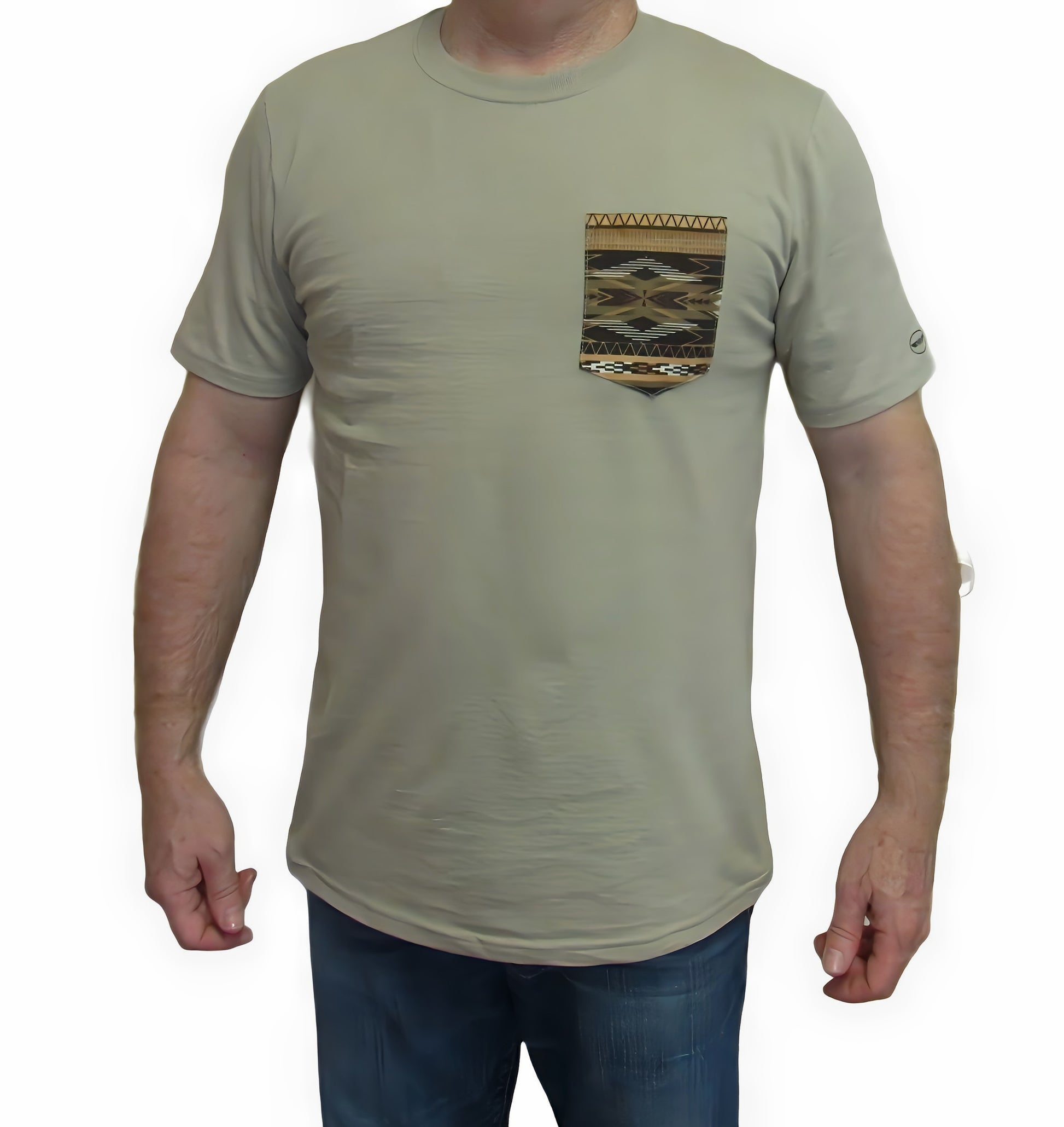Khaki made in USA t shirt with southwest print on pocket Flying R Ranchwear Ruddock Shirts