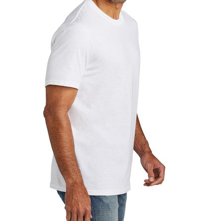 White t-shirt with a small logo on a white background by Ruddock Shirts Made in USA El Paso TX