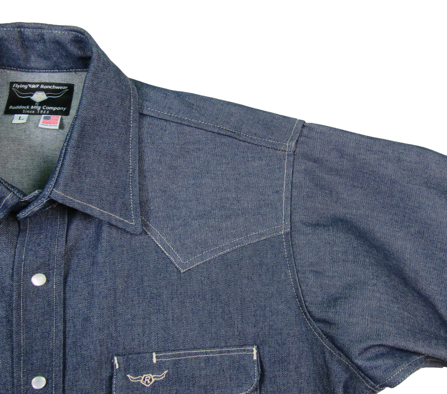 Rigid Indigo Denim Solid Work Shirt Made in USA Ruddock Shirts Big and Tall Flying R Ranchwear raw indigo denim