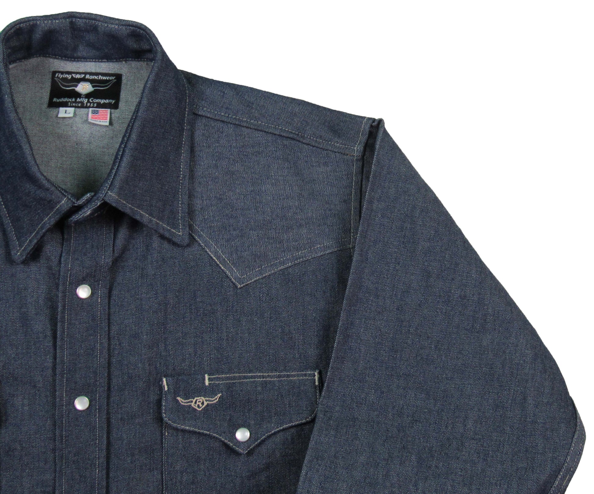 Rigid Indigo Denim Solid Work Shirt Made in USA Ruddock Shirts Big and Tall Flying R Ranchwear raw indigo denim