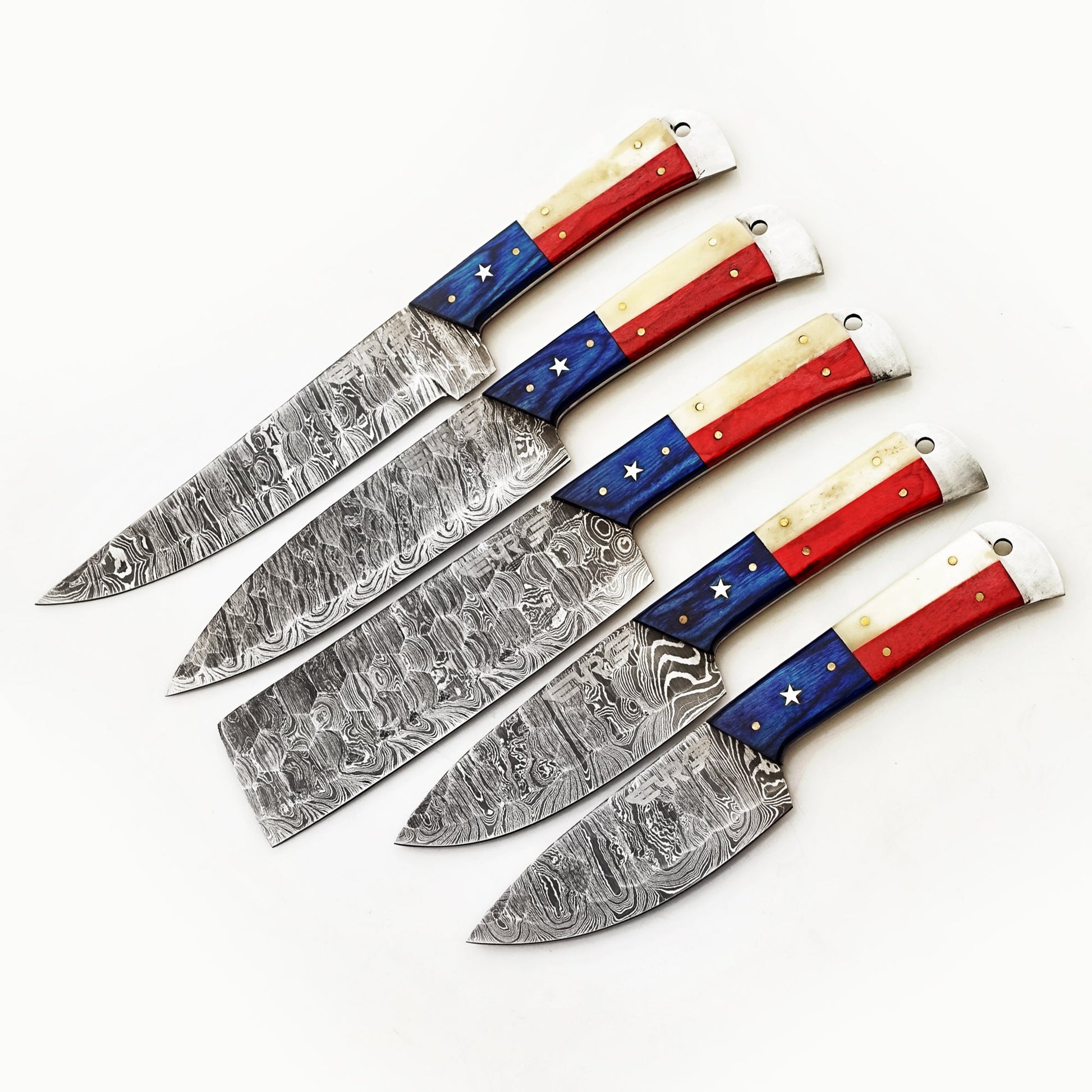 Damascus Steel 5 piece knife set with lone star design hardwood and bone handle with leather carry pouch by Ruddock Bros El Paso Texas USA Ruddock Shirt