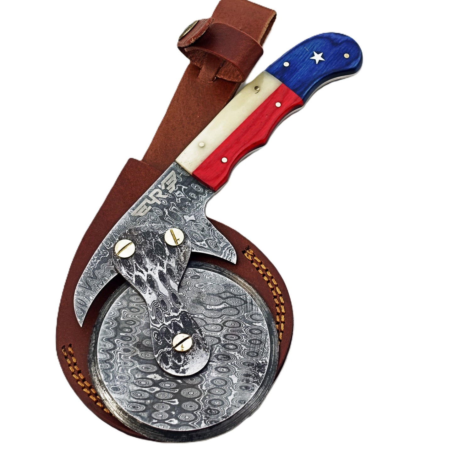 Lone Star Texas Flag Damascus Steel Pizza Cutter with hardwood and natural bone handle by Ruddock Bros El Paso Texas USA Ruddock Shirt cutlery pizza brick oven