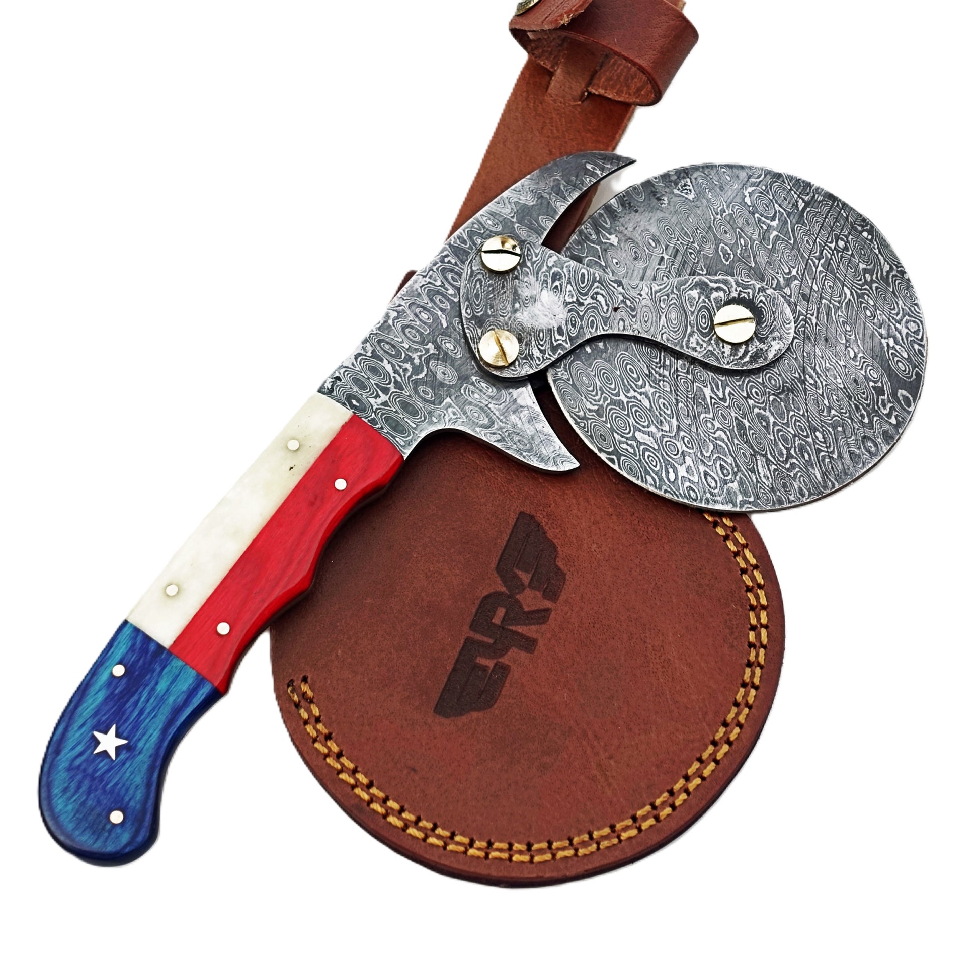 Lone Star Texas Flag Damascus Steel Pizza Cutter with hardwood and natural bone handle by Ruddock Bros El Paso Texas USA Ruddock Shirt cutlery pizza brick oven