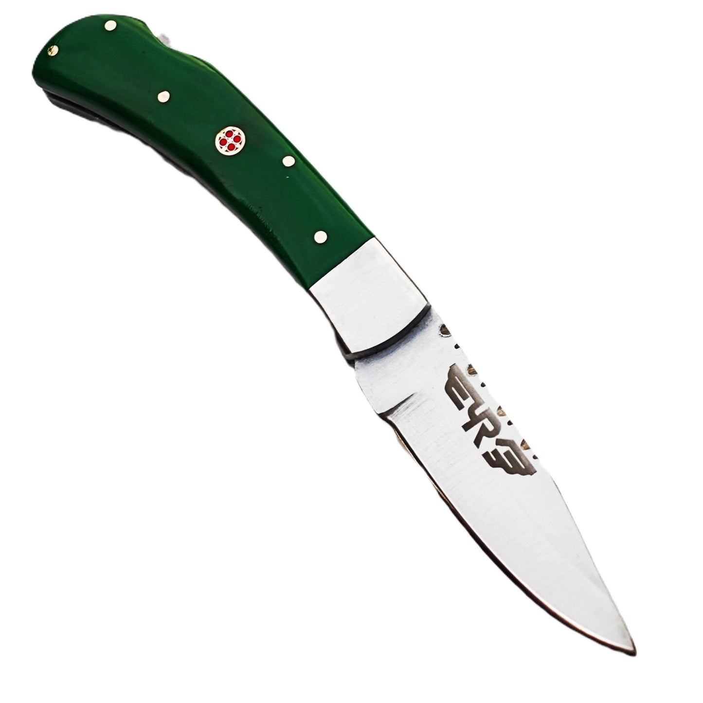 Ruddock Bros folding knife with green plastic resin handle with stainless steel blade with leather sheath Ruddock El Paso Texas