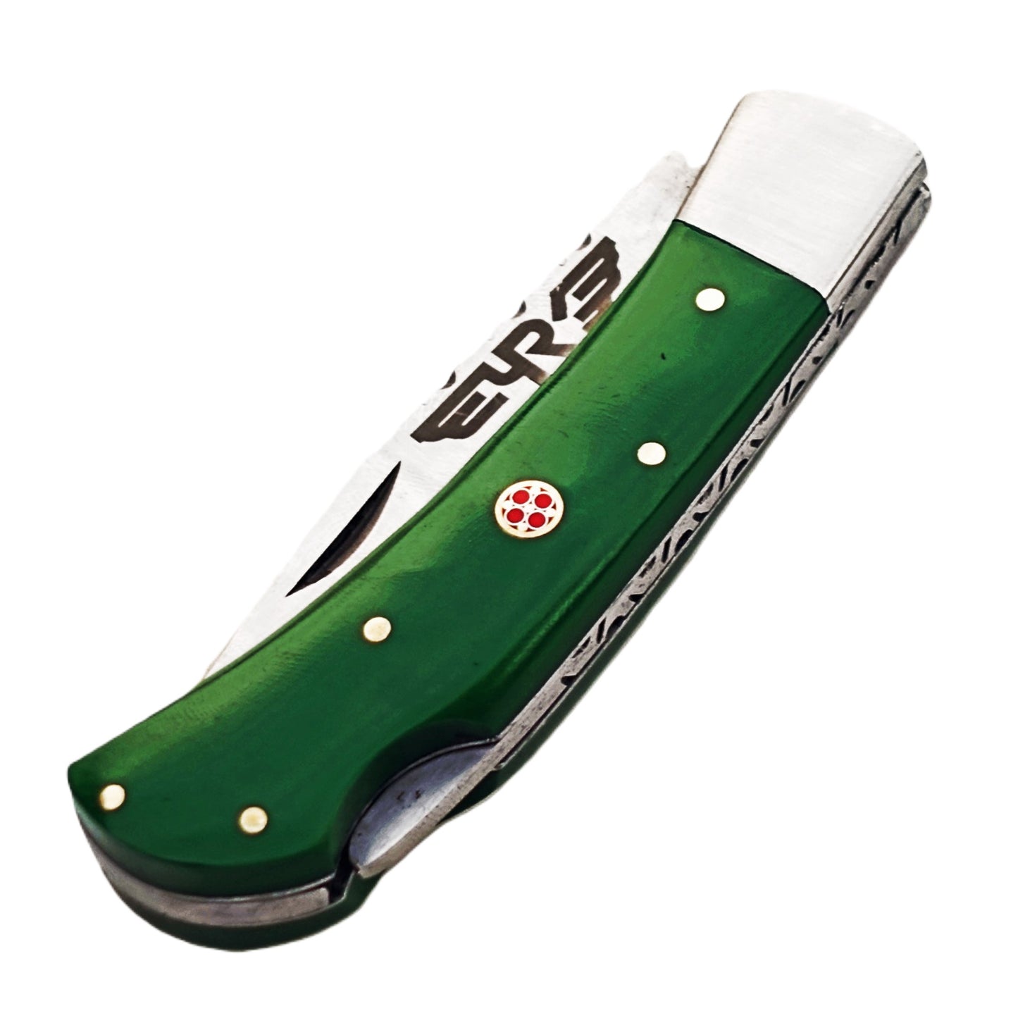 Ruddock Bros folding knife with green plastic resin handle with stainless steel blade with leather sheath Ruddock El Paso Texas