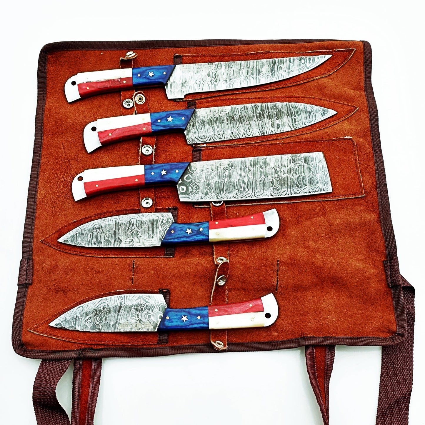 Damascus Steel 5 piece knife set with lone star design hardwood and bone handle with leather carry pouch by Ruddock Bros El Paso Texas USA Ruddock Shirt