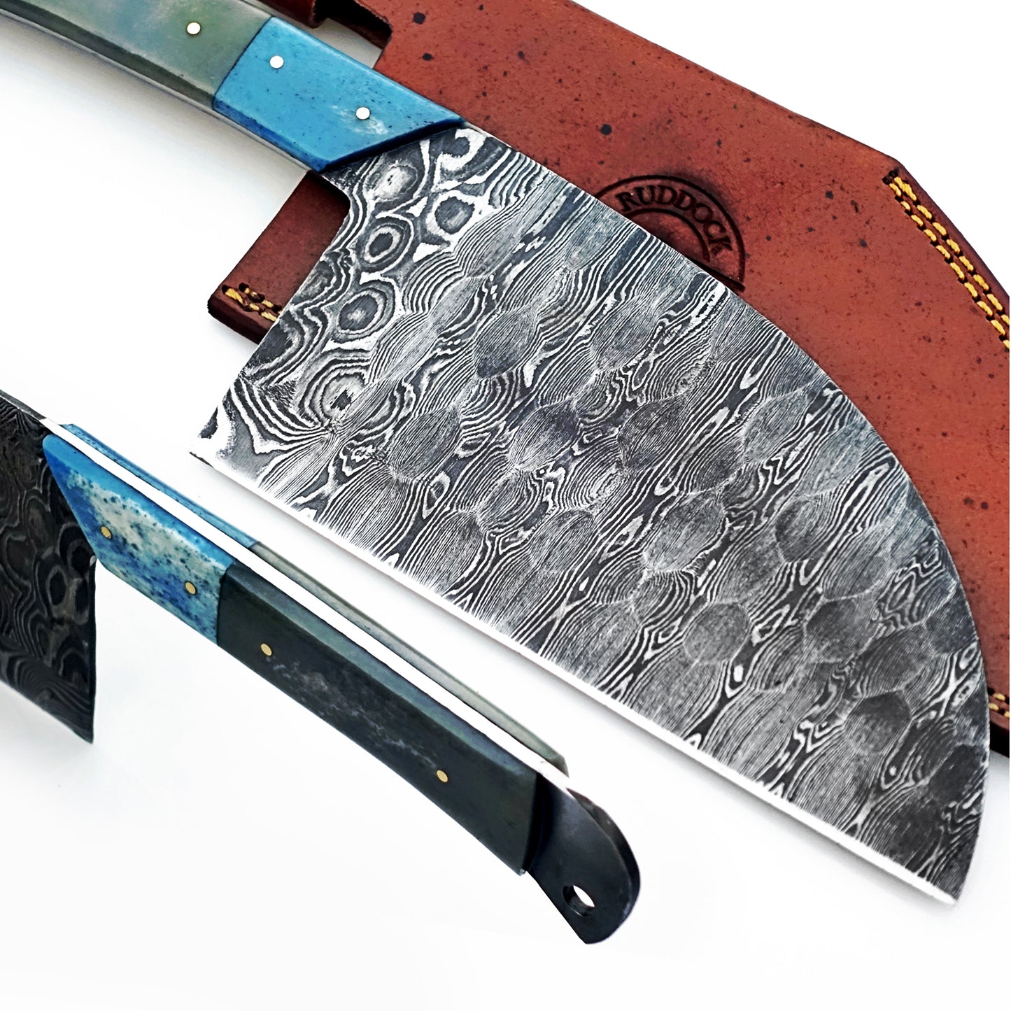 Serbian cleaver in Damascus steel with hardwood handle by Ruddock Bros