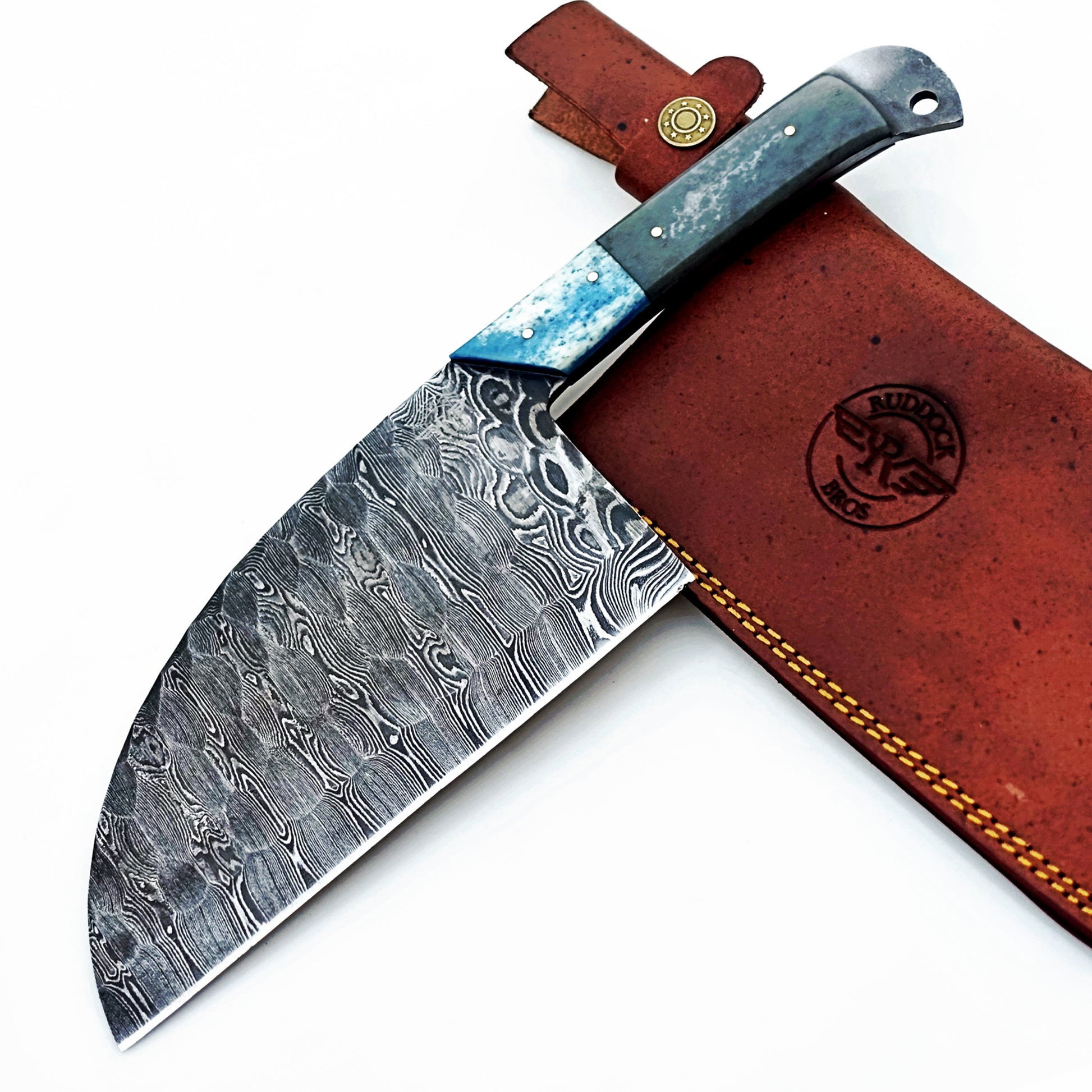 Serbian cleaver in Damascus steel with hardwood handle by Ruddock Bros