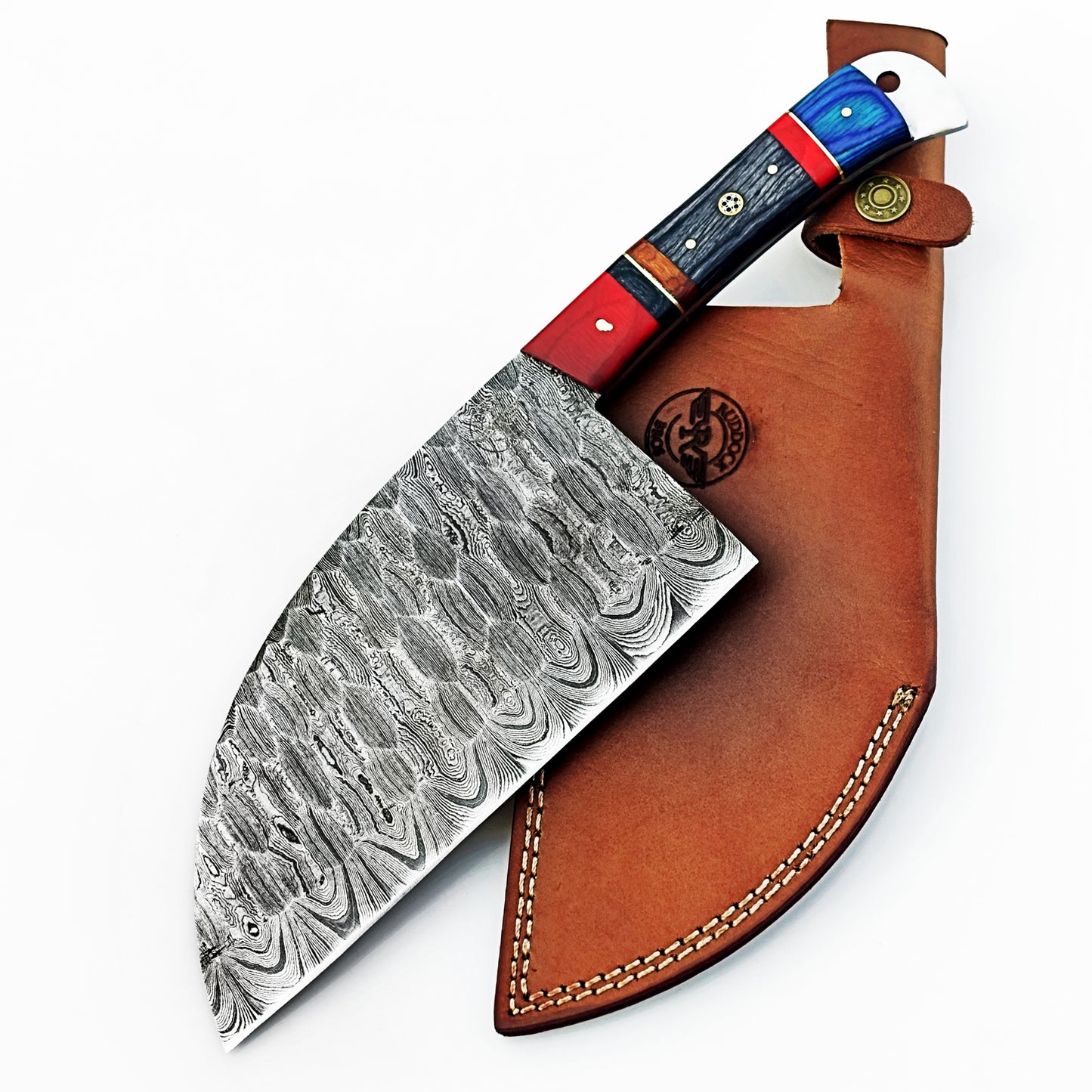 Serbian cleaver in Damascus steel with colorful hardwood handle by Ruddock Bros