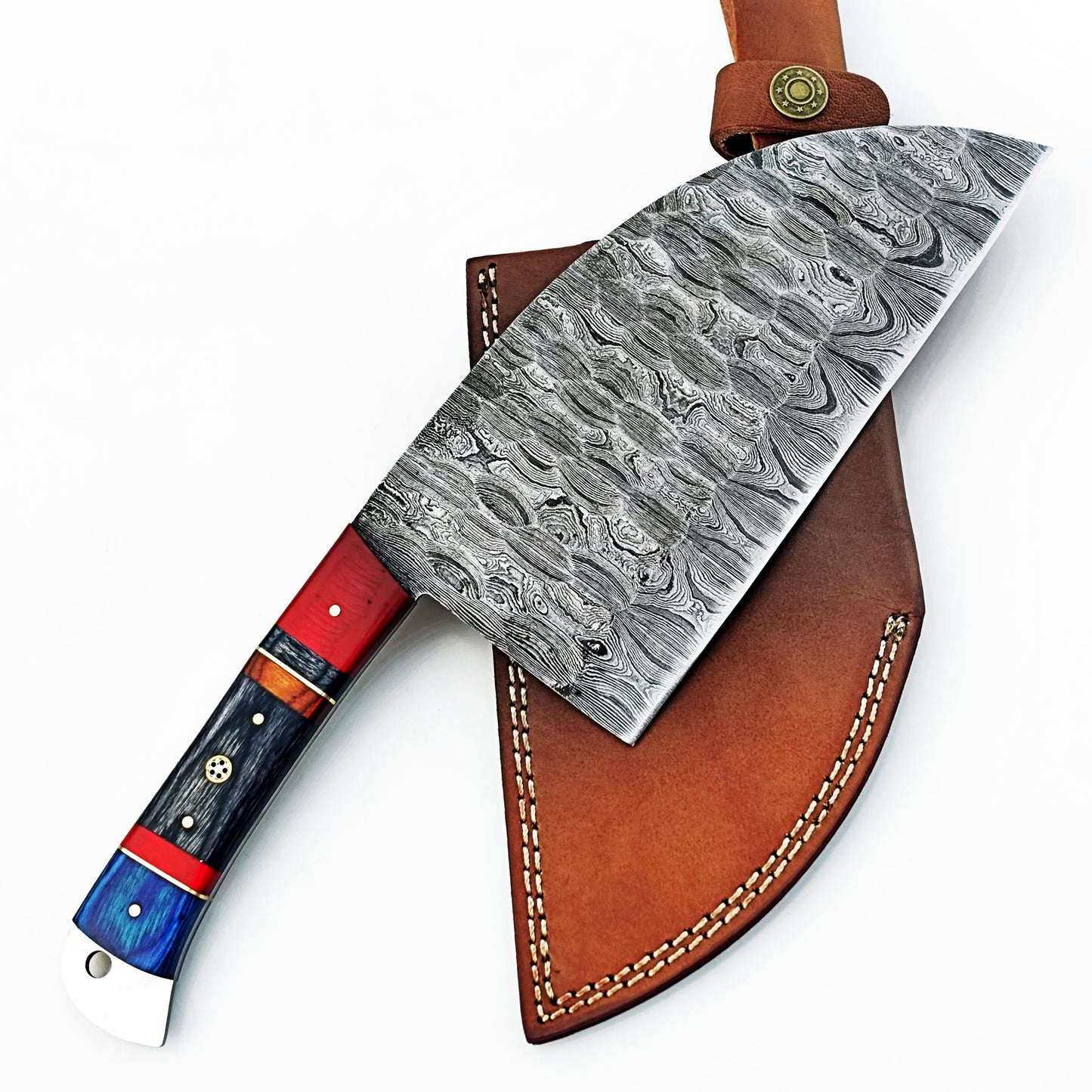 Serbian cleaver in Damascus steel with colorful hardwood handle by Ruddock Bros