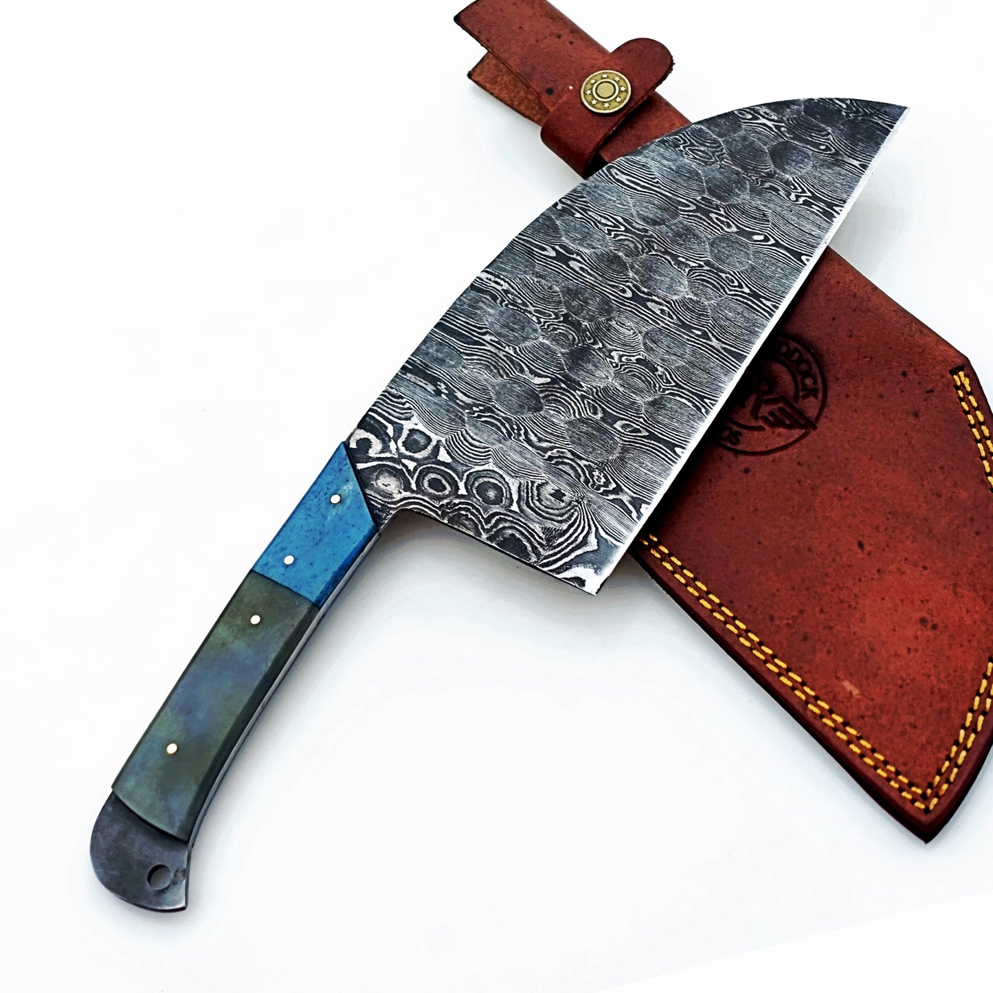 Serbian cleaver in Damascus steel with hardwood handle by Ruddock Bros