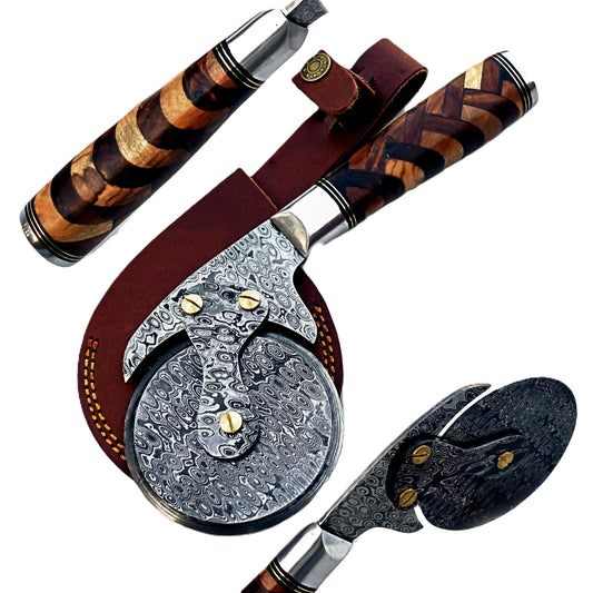 Ruddock Bros - Pizza Cutter - Basketweave - Hardwood - Damascus Steel