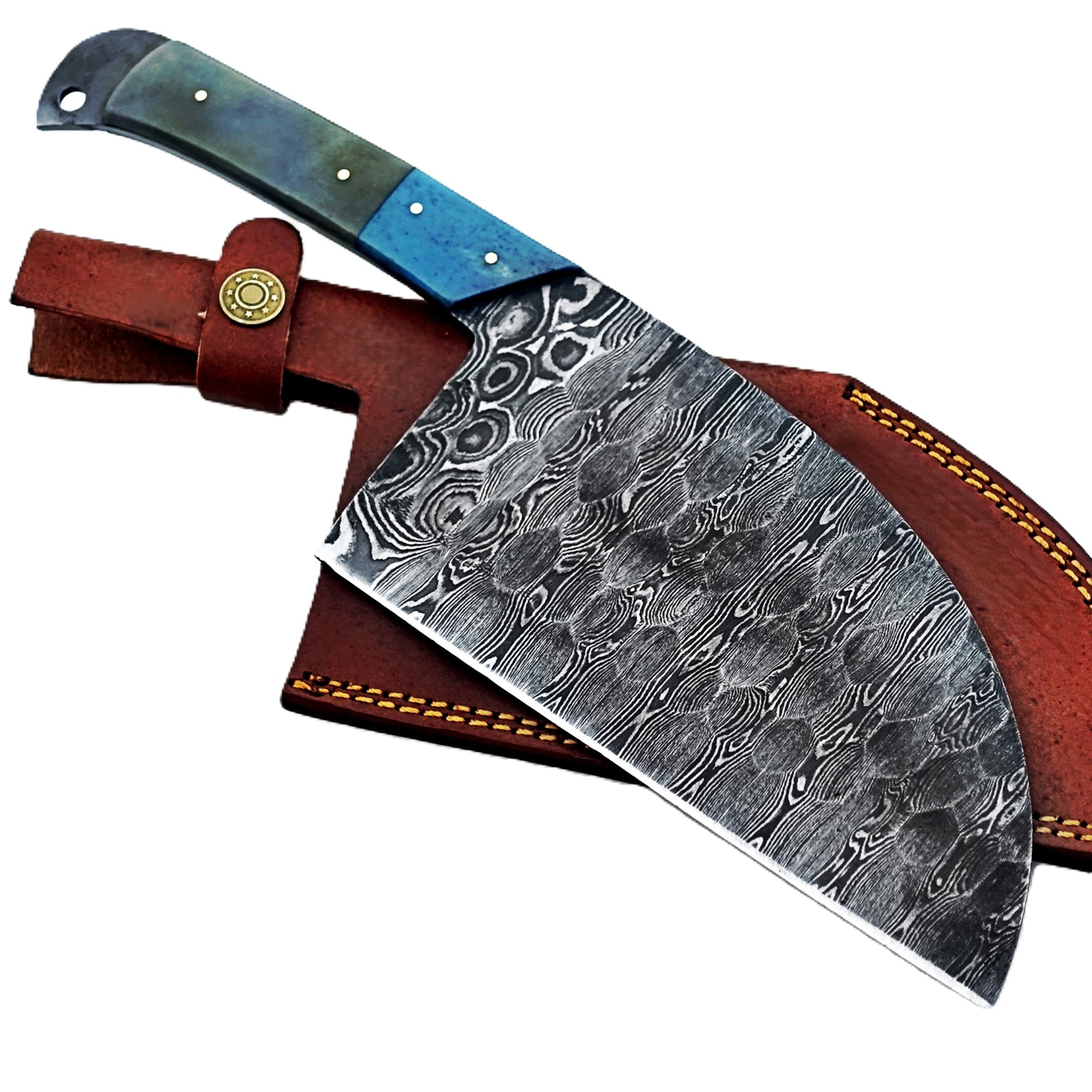 Serbian cleaver in Damascus steel with hardwood handle by Ruddock Bros