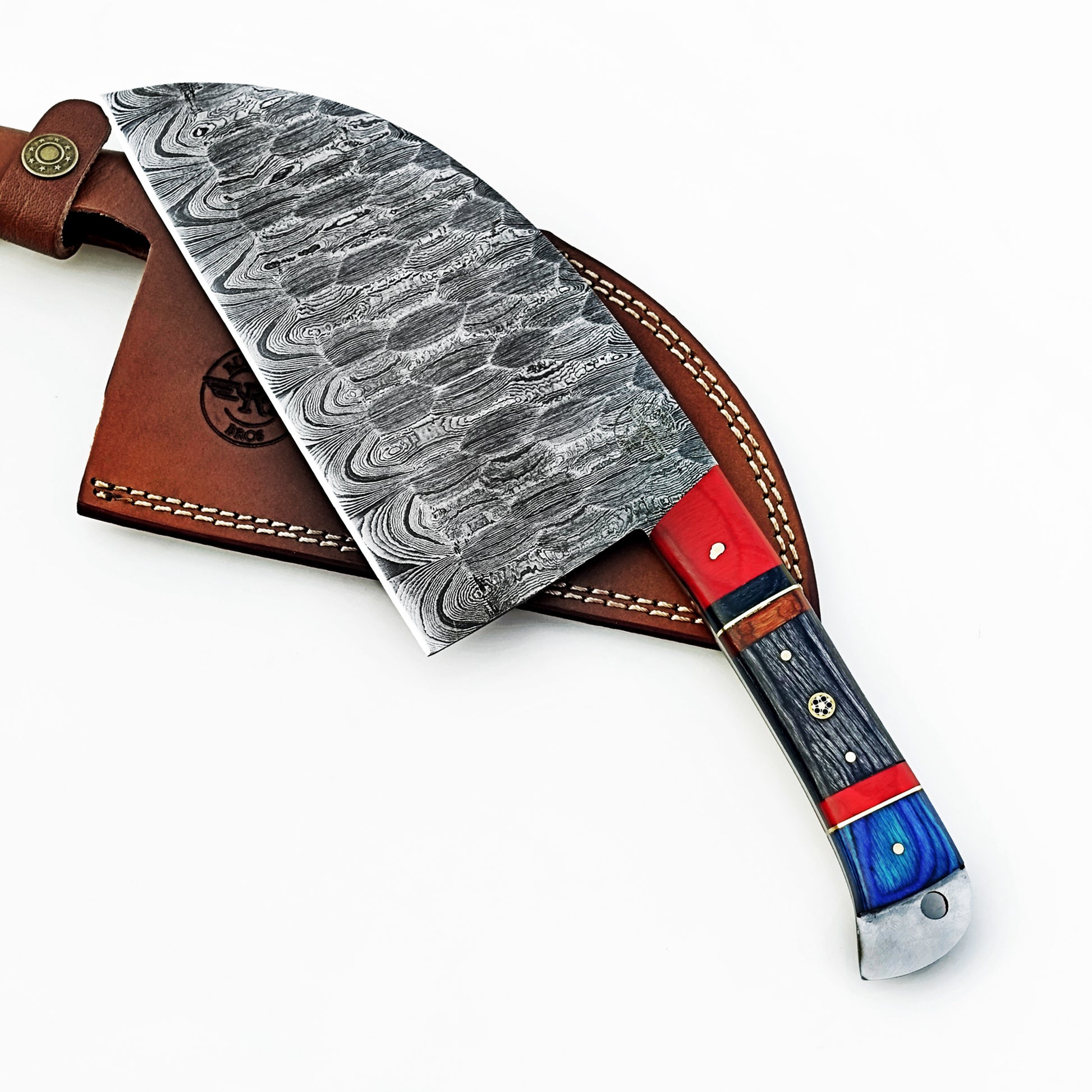 Serbian cleaver in Damascus steel with colorful hardwood handle by Ruddock Bros