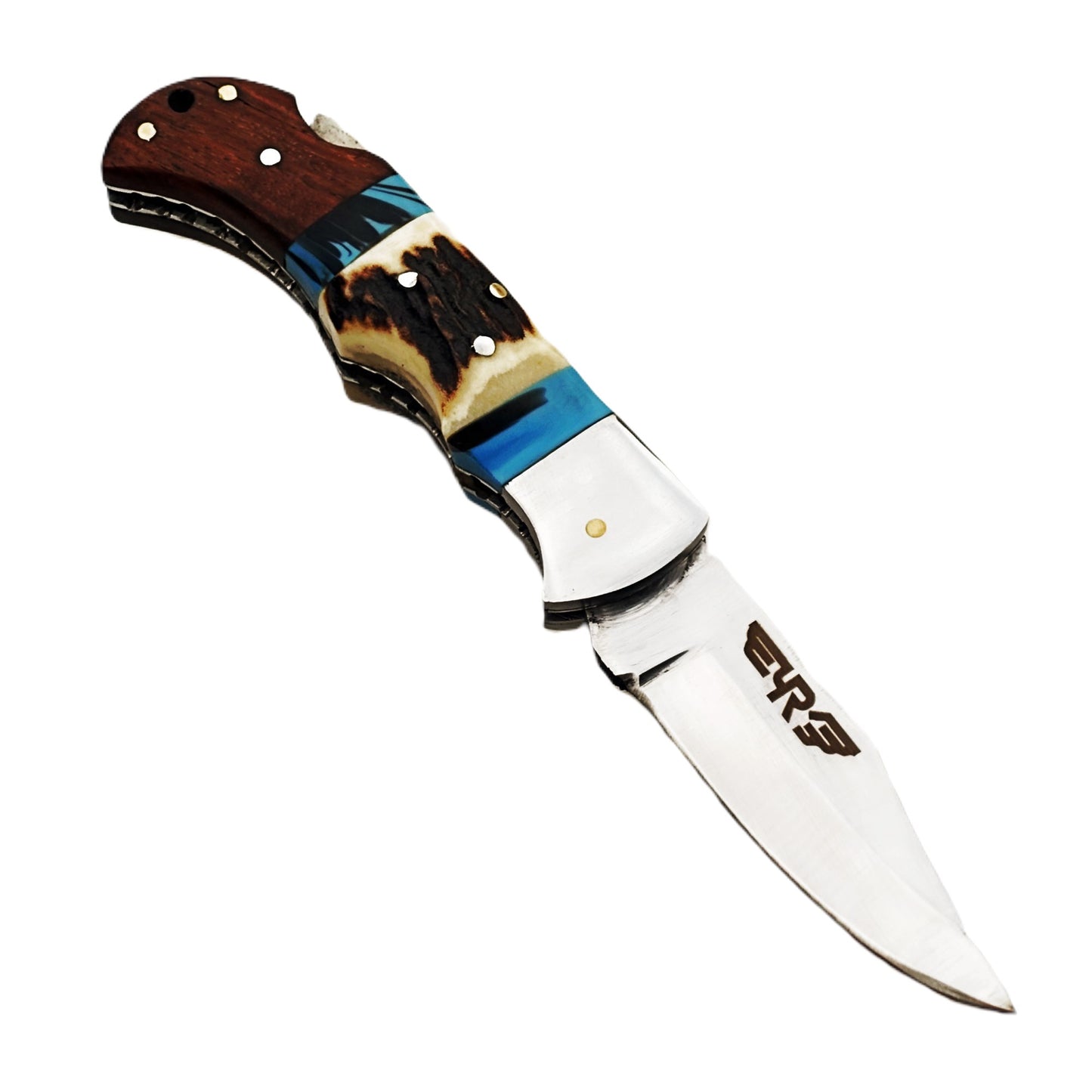 Ruddock Bros folding knife with natural stag and wood handle with stainless steel blade with leather sheath Ruddock El Paso Texas