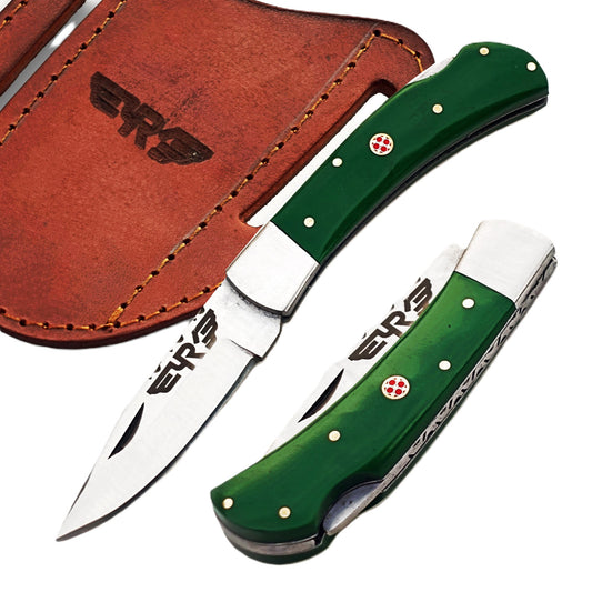 Ruddock Bros folding knife with green plastic resin handle with stainless steel blade with leather sheath Ruddock El Paso Texas