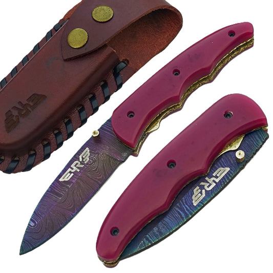 Ruddock Bros Damascus steel folding knife with acid wash blade  and sangria purple handle Ruddock El Paso Texas