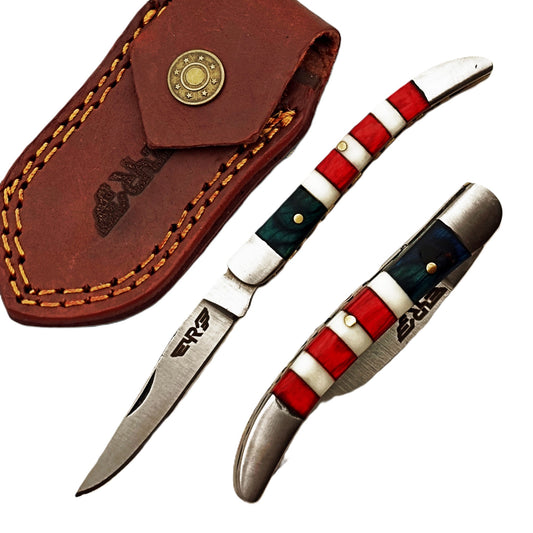 Ruddock Bros slim folding pocket knife with natural bone and hardwood handle and stainless steel blade and leather sheath Ruddock El Paso Texas