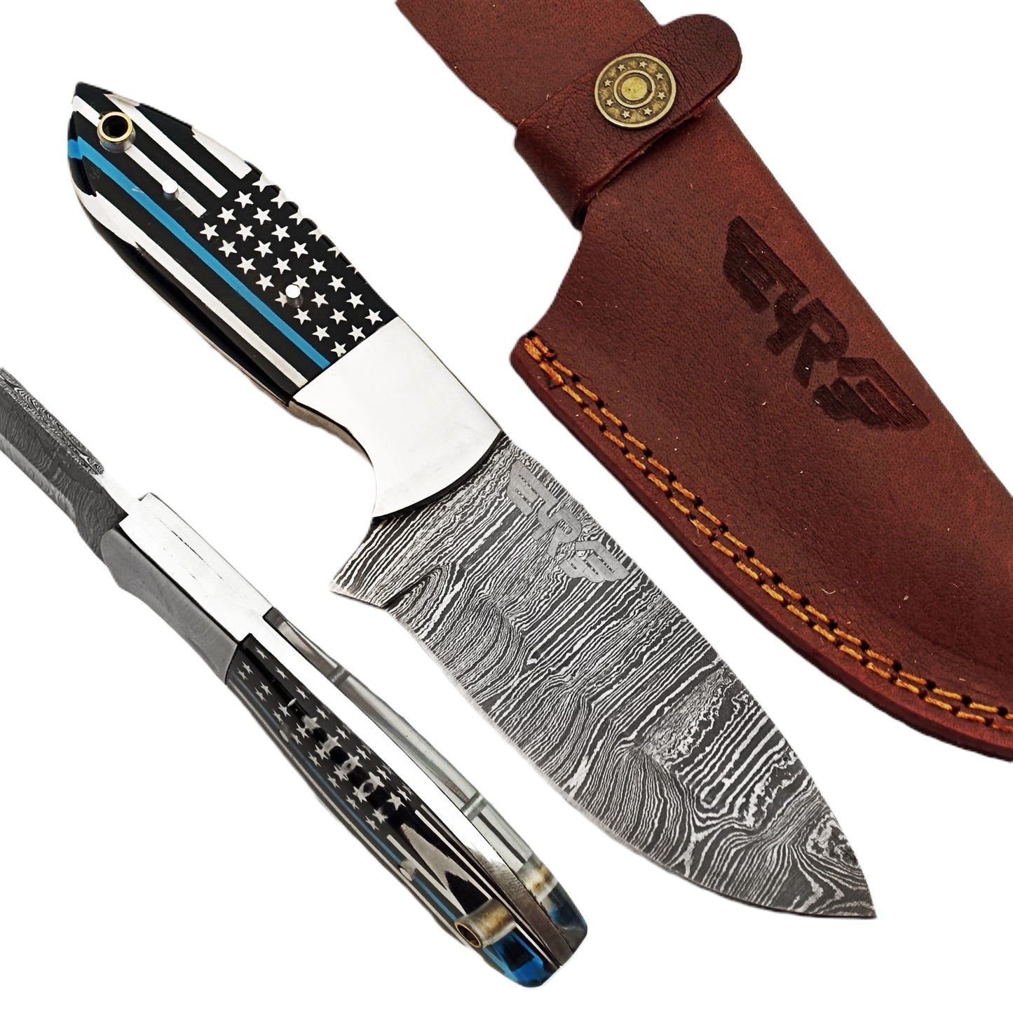 Ruddock Bros Damascus steel hunting knife with US Flag and Blue Line honoring the police