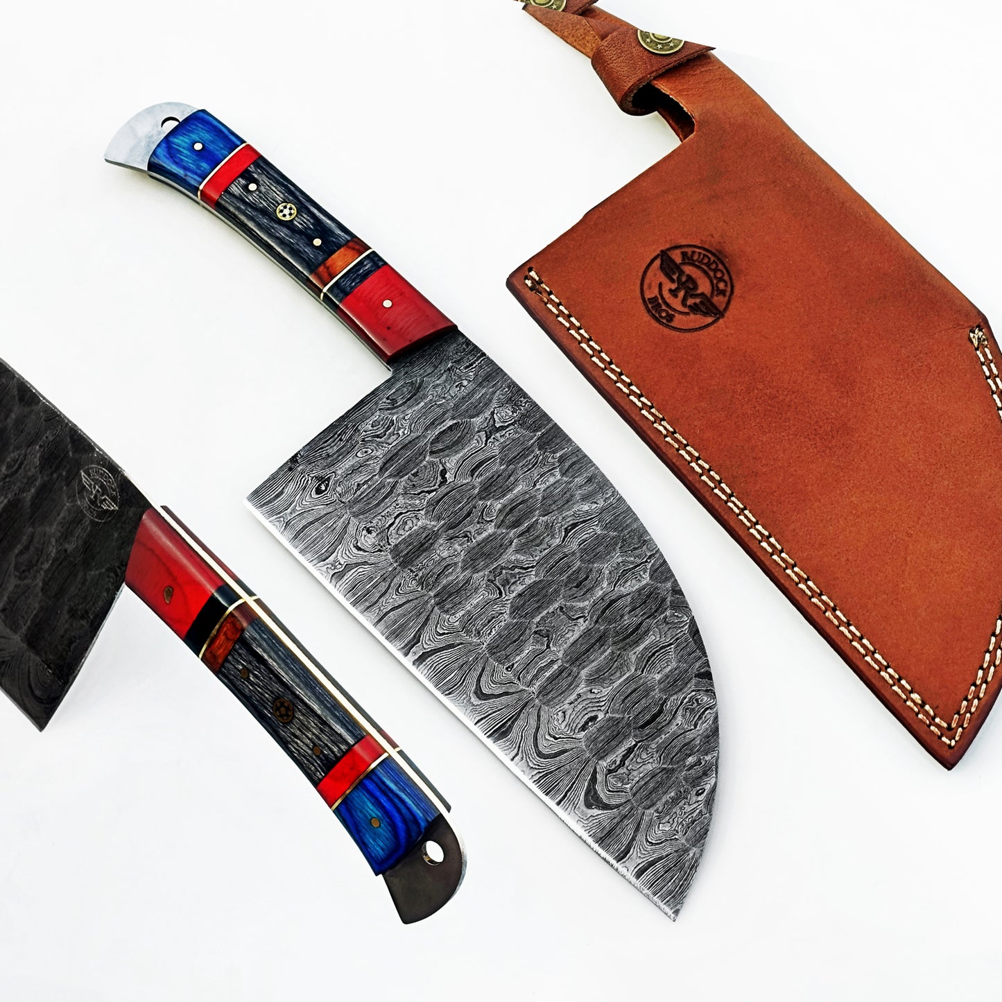 Serbian cleaver in Damascus steel with colorful hardwood handle by Ruddock Bros