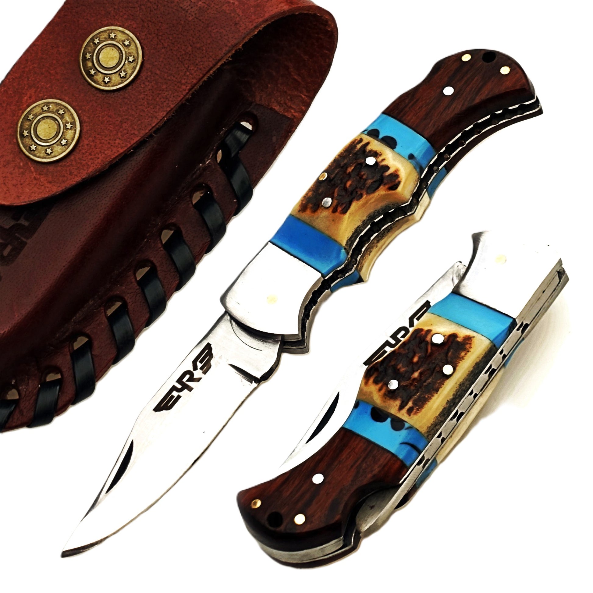 Ruddock Bros folding knife with natural stag and wood handle with stainless steel blade with leather sheath Ruddock El Paso Texas