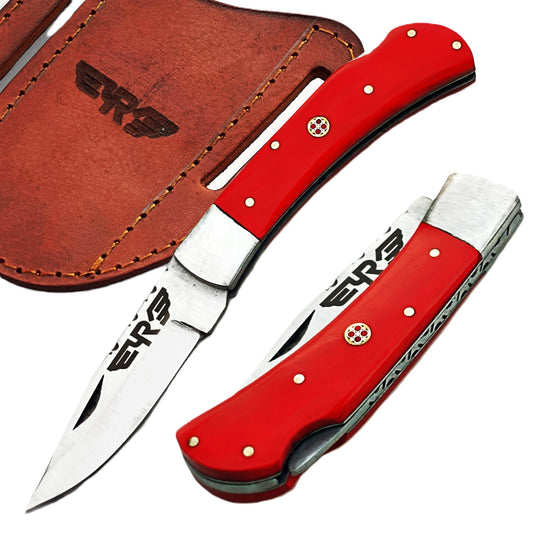 Ruddock Bros folding knife with plastic resin handle red with stainless steel blade with leather sheath Ruddock El Paso Texas