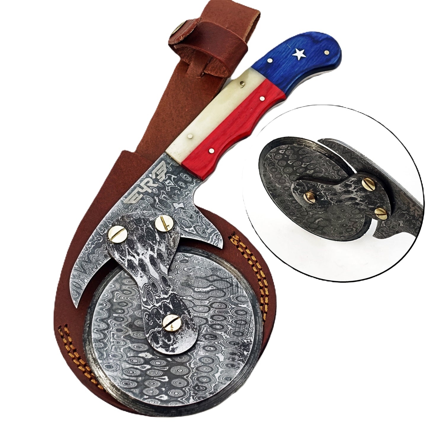 Lone Star Texas Flag Damascus Steel Pizza Cutter with hardwood and natural bone handle by Ruddock Bros El Paso Texas USA Ruddock Shirt cutlery pizza brick oven