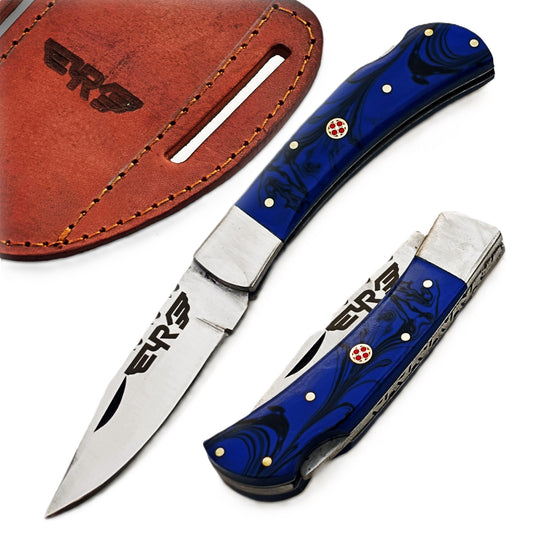 Ruddock Bros folding knife with blue plastic resin handle with stainless steel blade with leather sheath Ruddock El Paso Texas