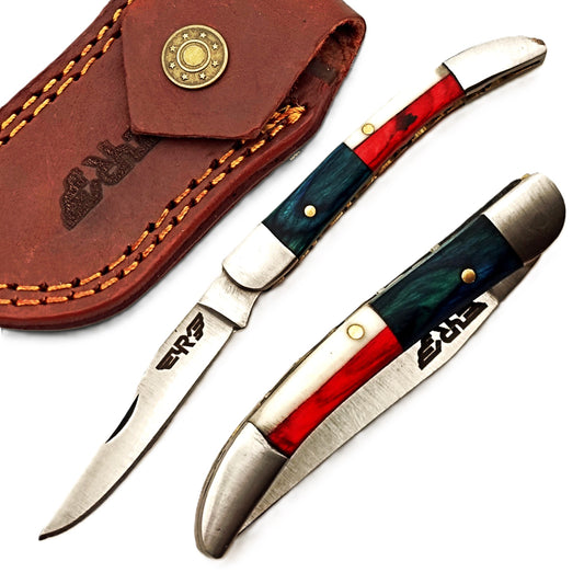 Ruddock Bros slim folding pocket knife with natural bone and hardwood handle and stainless steel blade and leather sheath Ruddock El Paso Texas