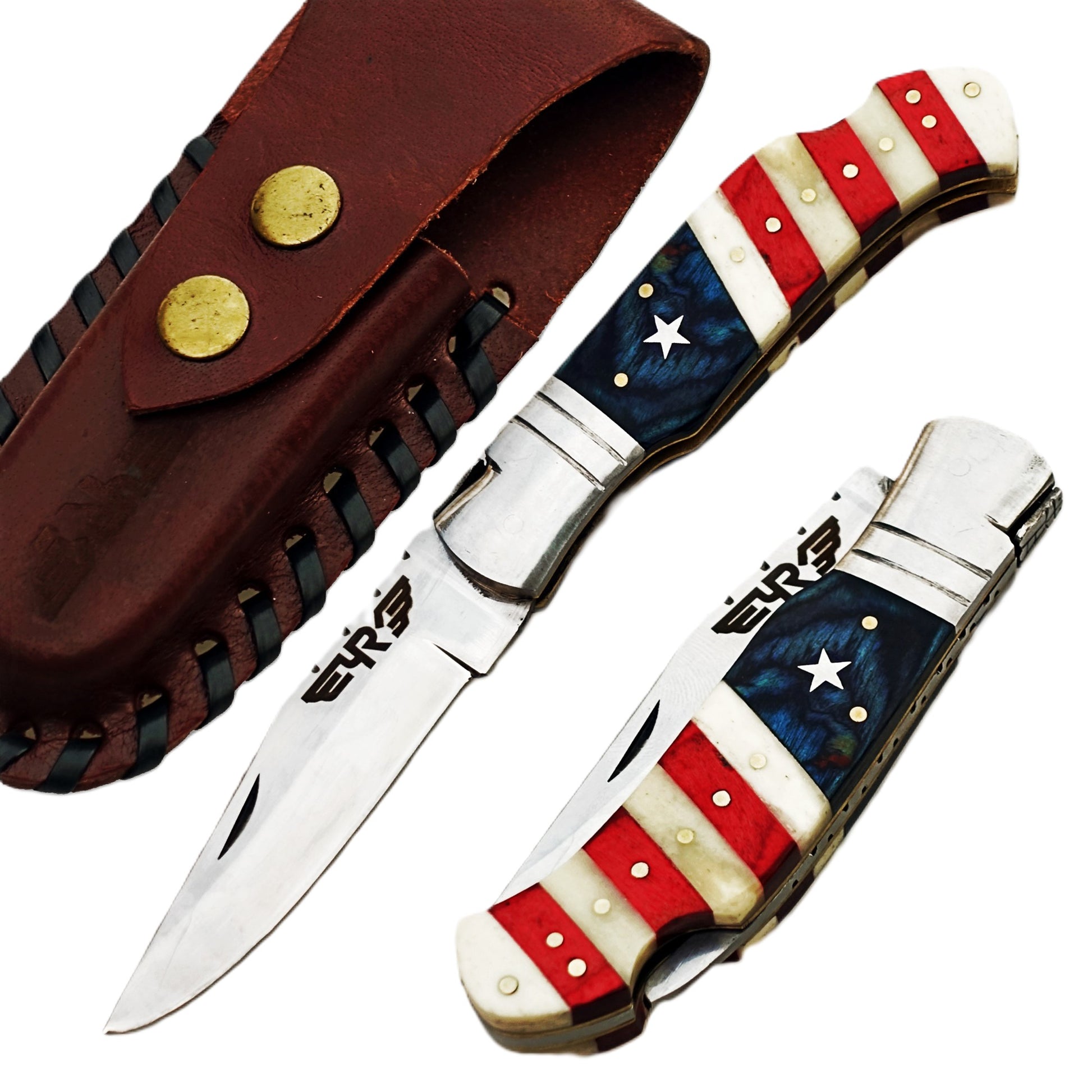 Ruddock Bros folding knife with natural bone and hardwood handle in American flag colors with stainless steel blade with leather sheath Ruddock El Paso Texas