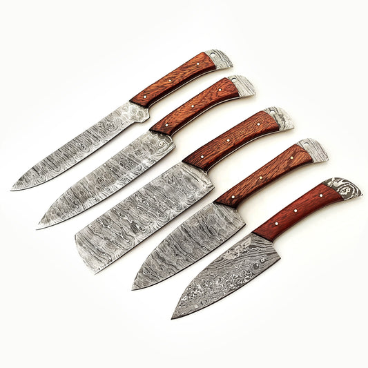 Damascus steel knife 5 piece knife set with rosewood handles by Ruddock Bros El Paso Texas Ruddock Shirts with leather carry pouch