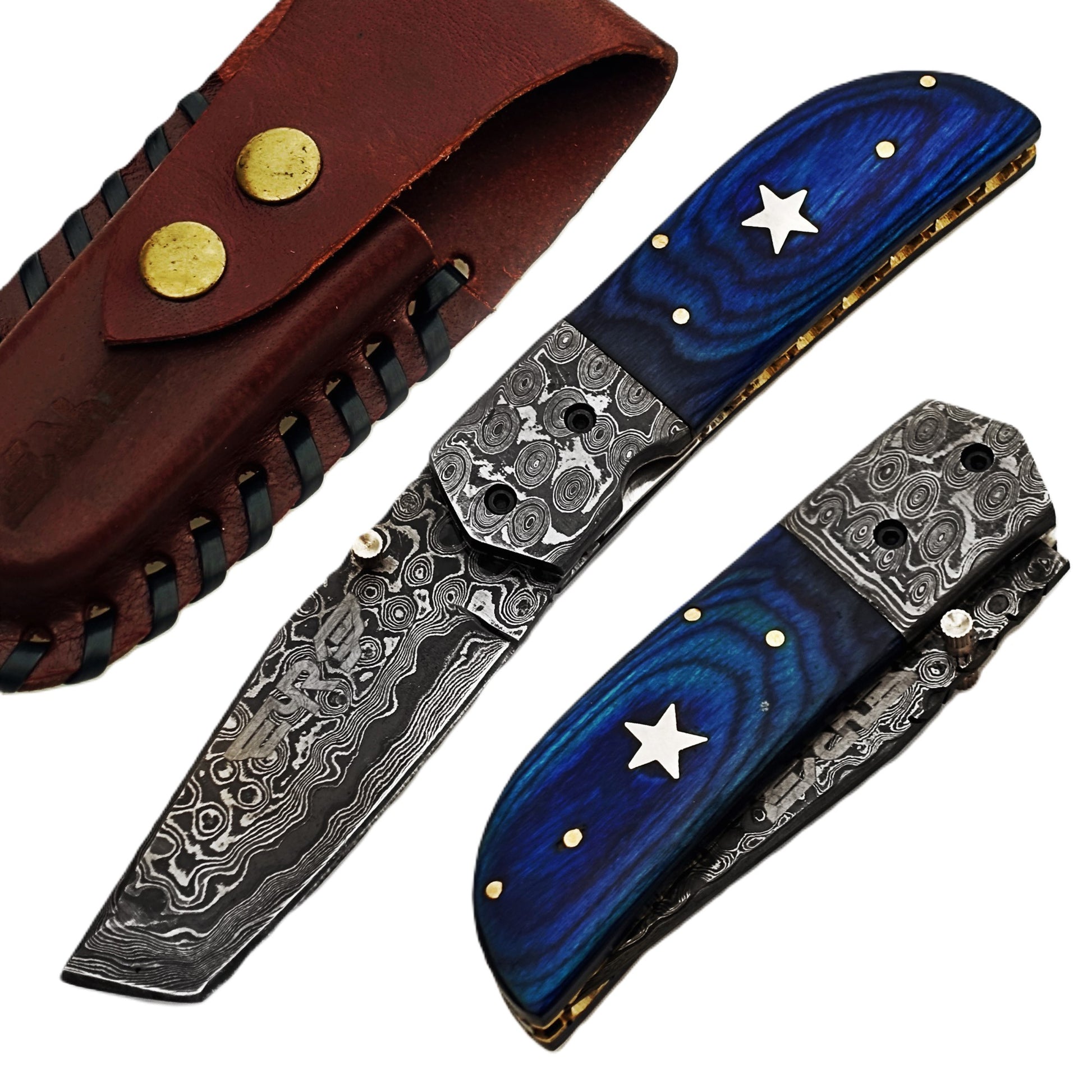 Ruddock Bros folding knife with blue hardwood and Damascus Steel handle and blade. Complete with leather sheath Ruddock El Paso Texas