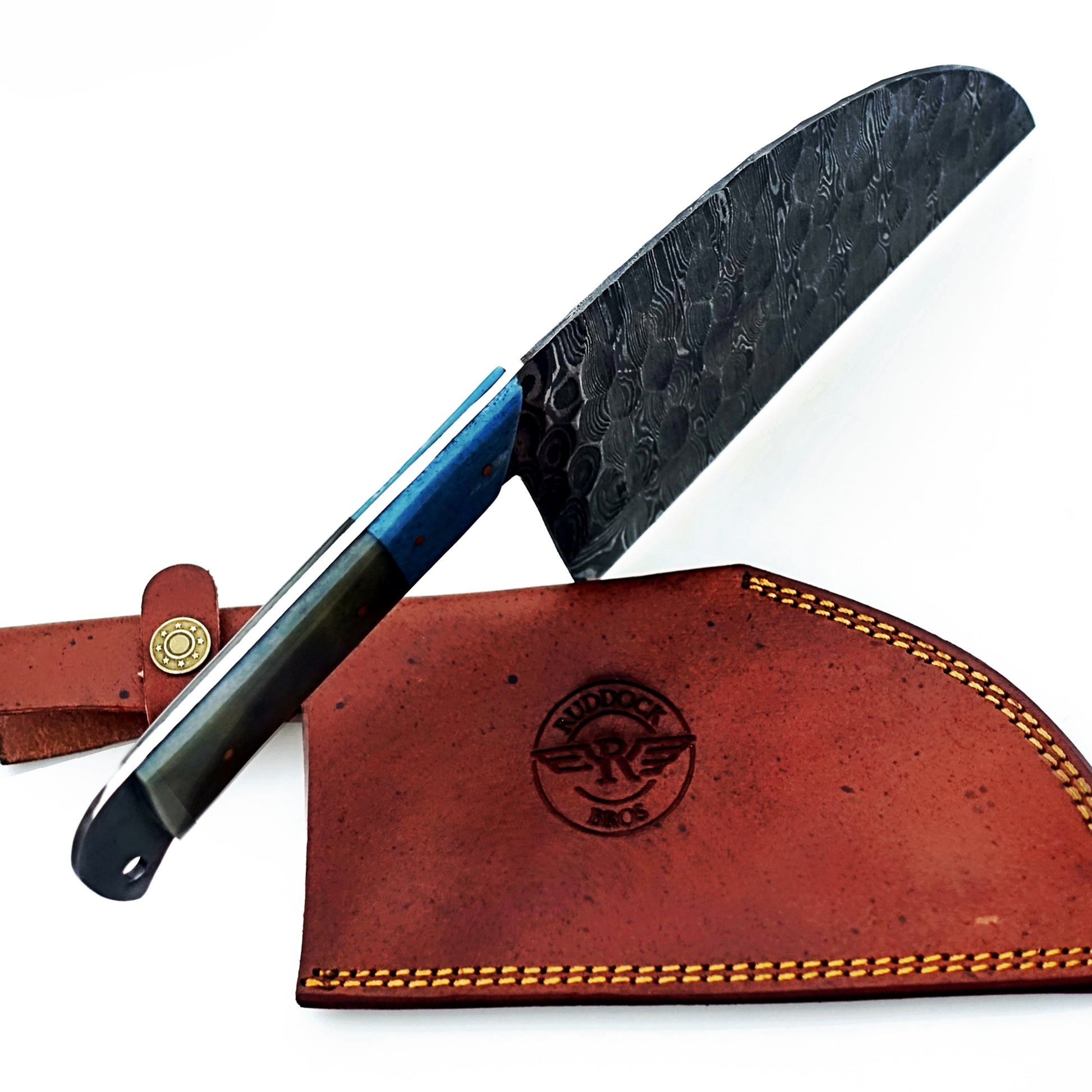 Serbian cleaver in Damascus steel with hardwood handle by Ruddock Bros