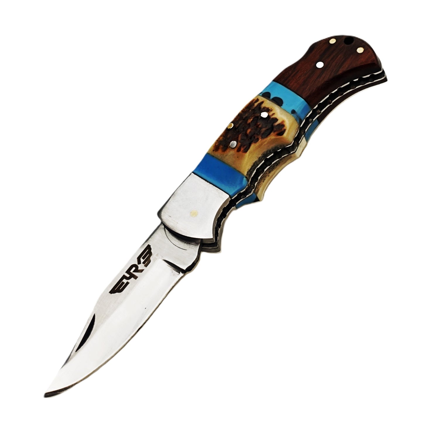 Ruddock Bros folding knife with natural stag and wood handle with stainless steel blade with leather sheath Ruddock El Paso Texas