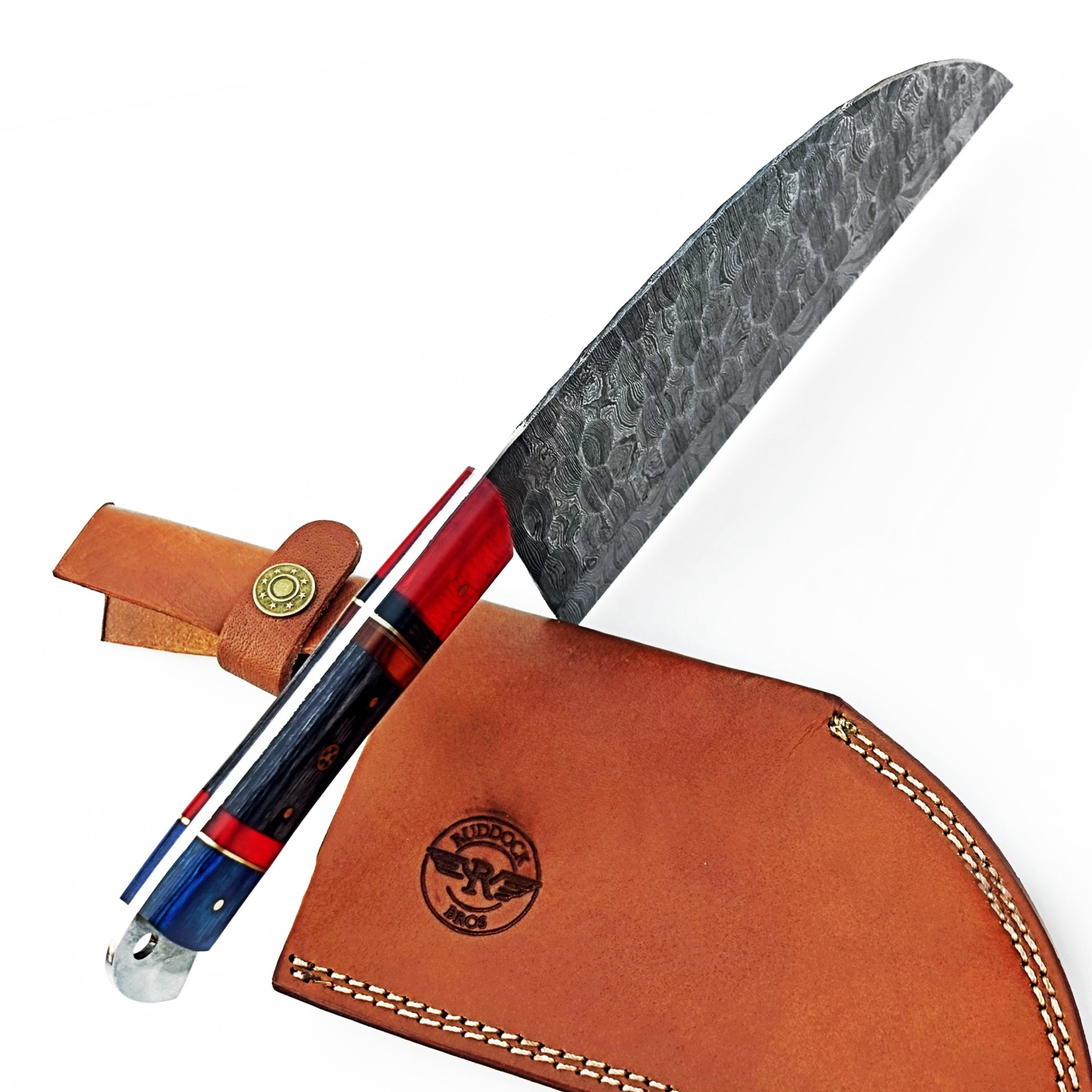 Serbian cleaver in Damascus steel with colorful hardwood handle by Ruddock Bros