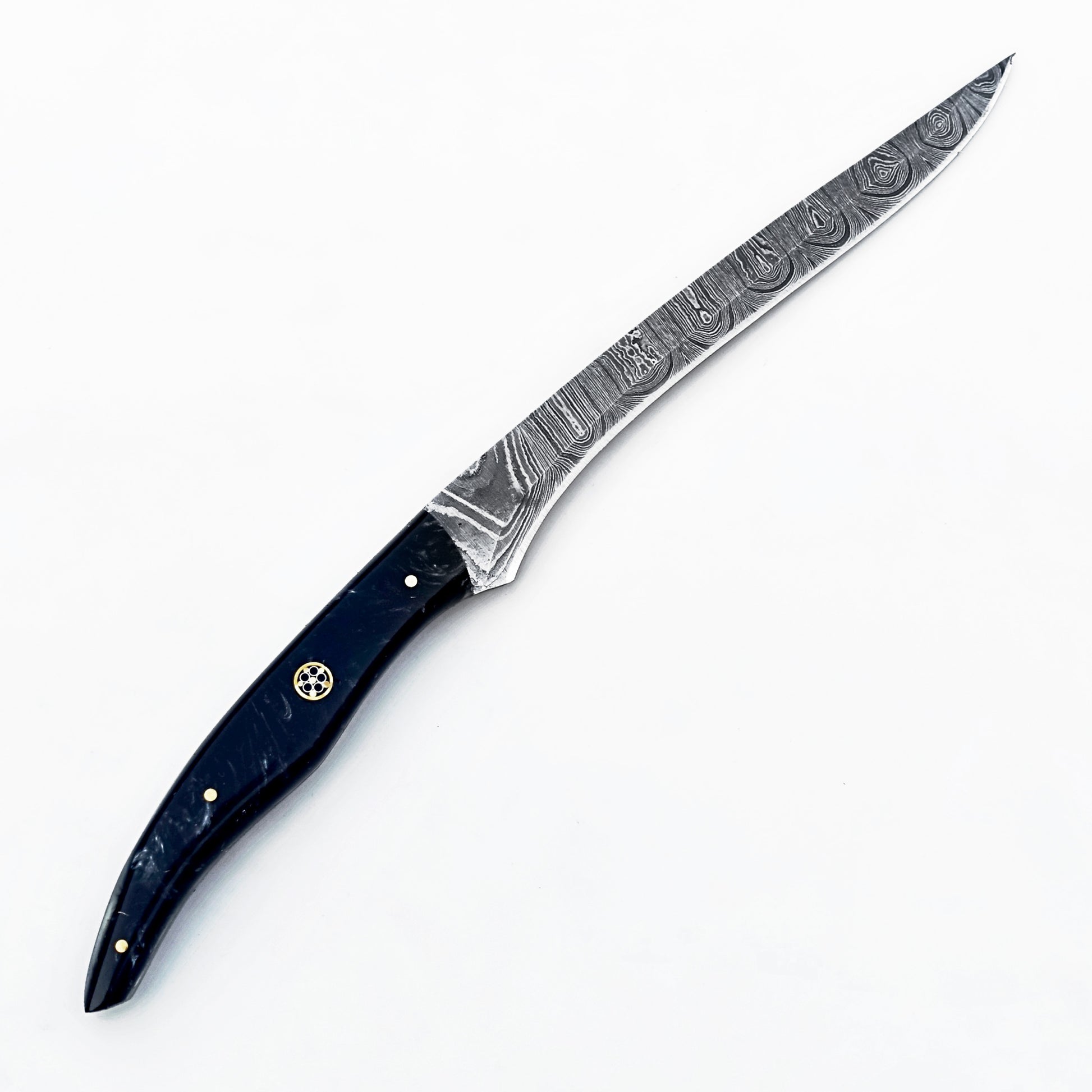 Fillet knife by Ruddock Bros with resin handle and Damascus steel blade 