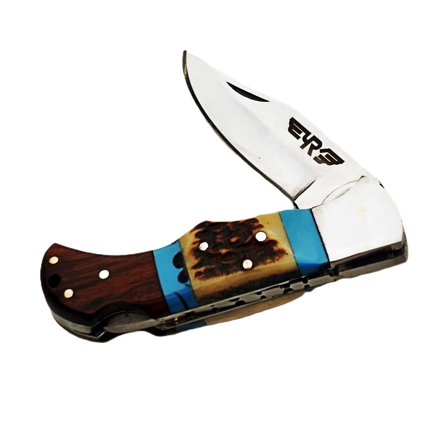 Ruddock Bros folding knife with natural stag and wood handle with stainless steel blade with leather sheath Ruddock El Paso Texas