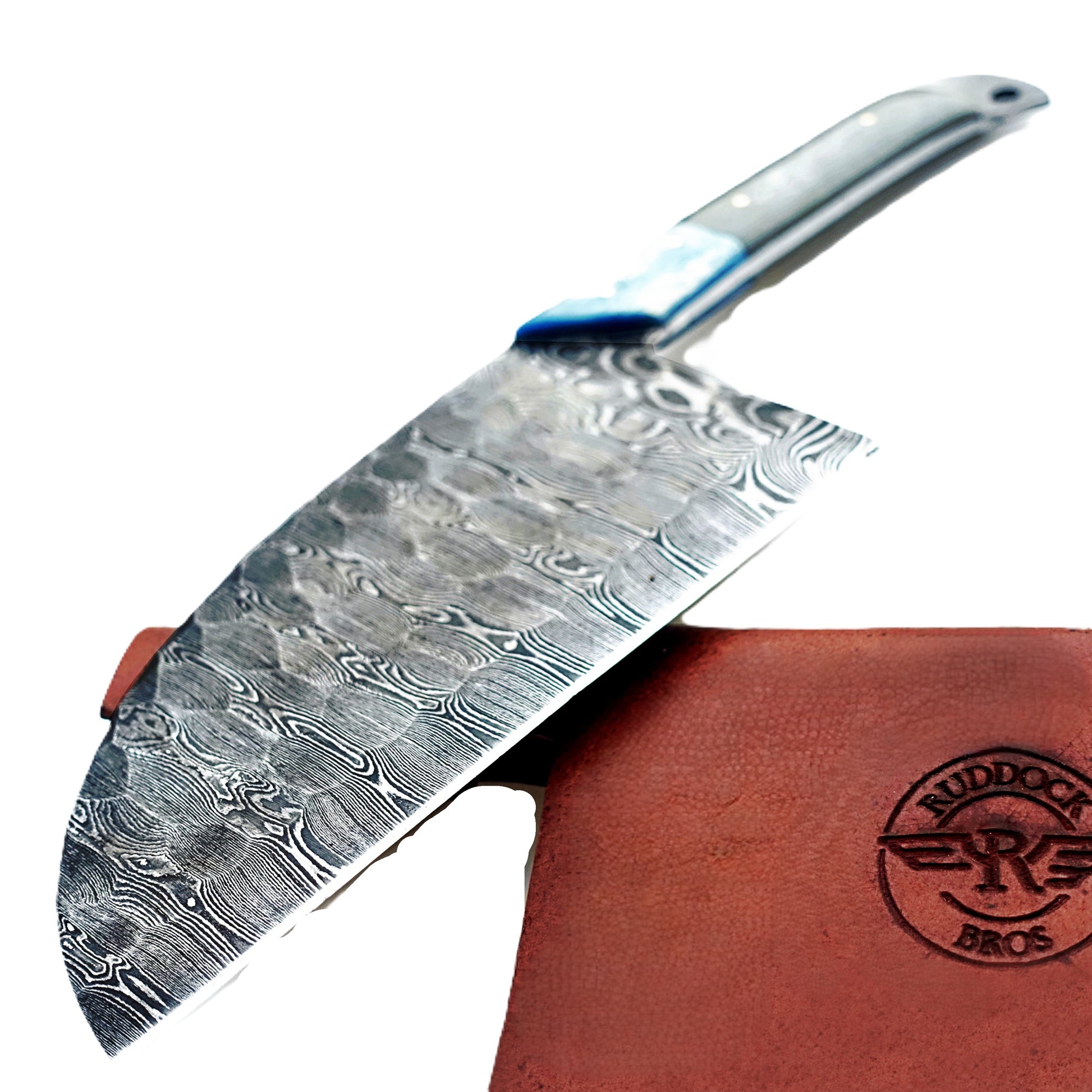 Serbian cleaver in Damascus steel with hardwood handle by Ruddock Bros