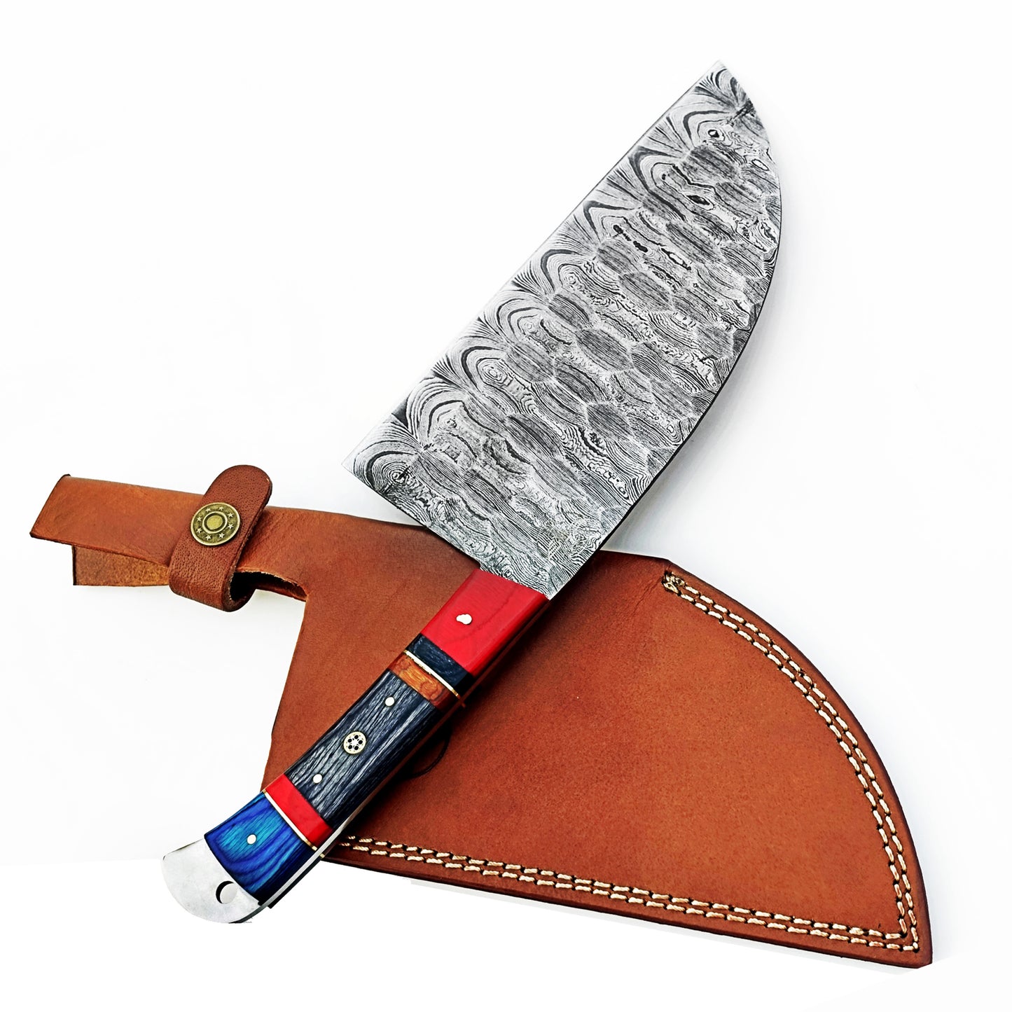 Serbian cleaver in Damascus steel with colorful hardwood handle by Ruddock Bros