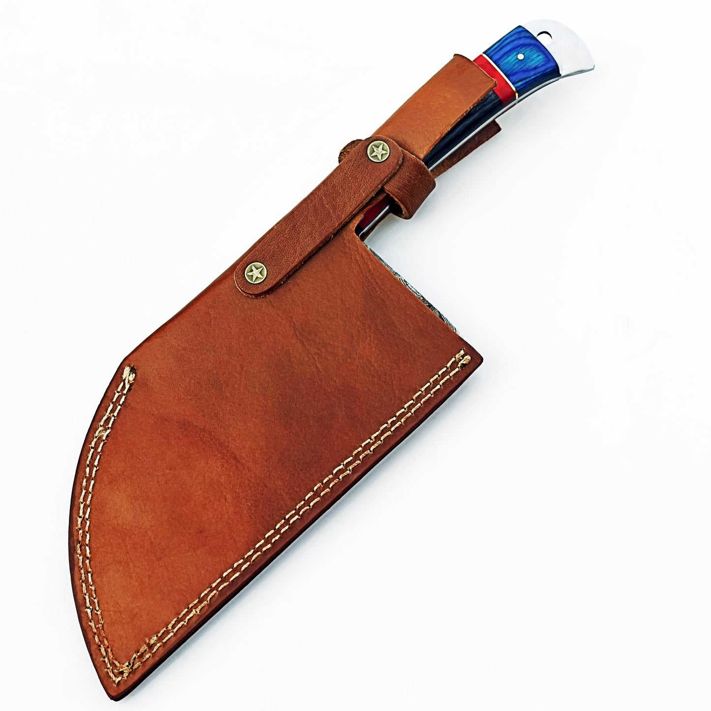 Serbian cleaver in Damascus steel with colorful hardwood handle by Ruddock Bros