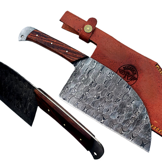 Serbian cleaver in Damascus steel with brown hardwood handle by Ruddock Bros