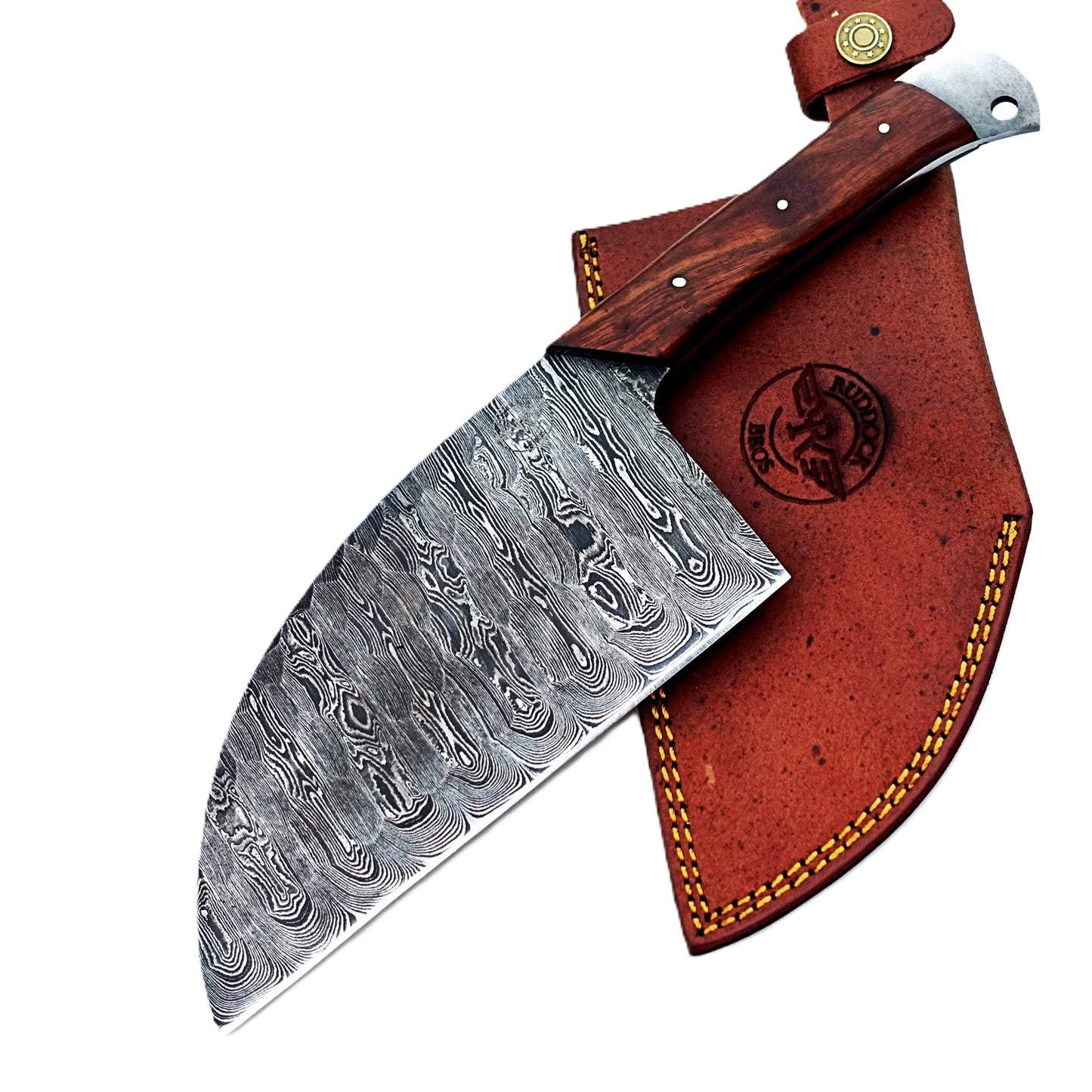 Serbian cleaver in Damascus steel with brown hardwood handle by Ruddock Bros