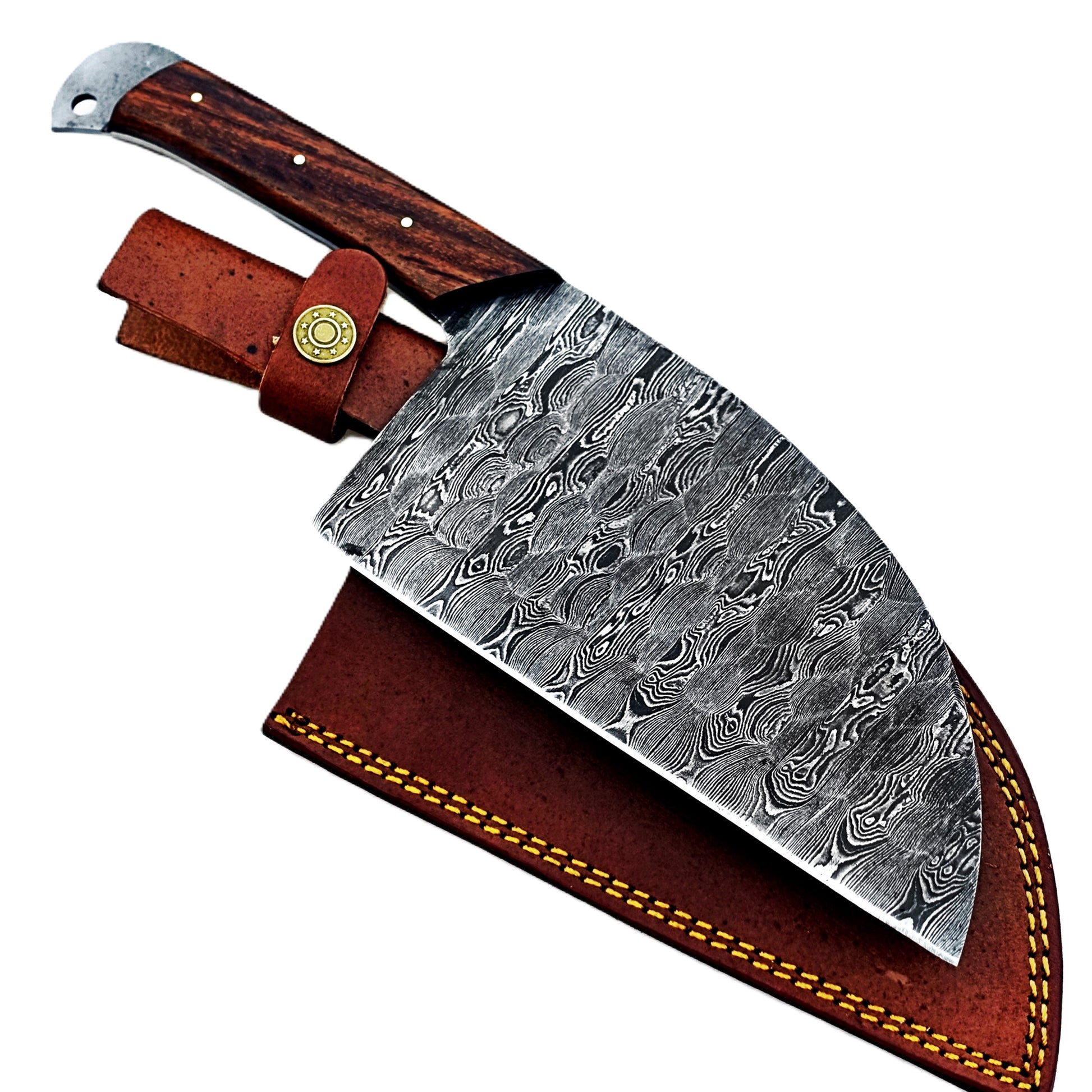 Serbian cleaver in Damascus steel with brown hardwood handle by Ruddock Bros