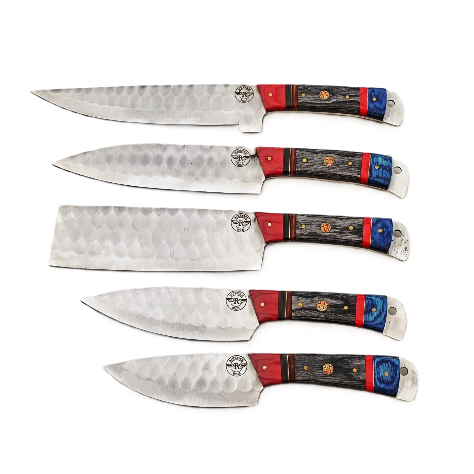 Damascus Steel 5 piece knife set with regal blue, red, and black hardwood handle with leather carry pouch by Ruddock Bros El Paso Texas USA Ruddock Shirt